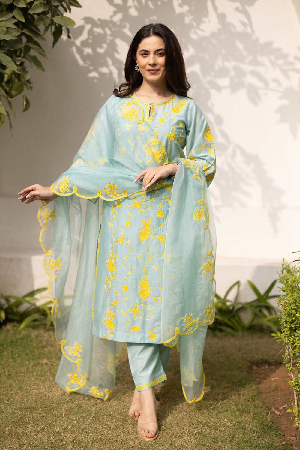 Mint chanderi yellow embroidered suit with matching organza dupatta