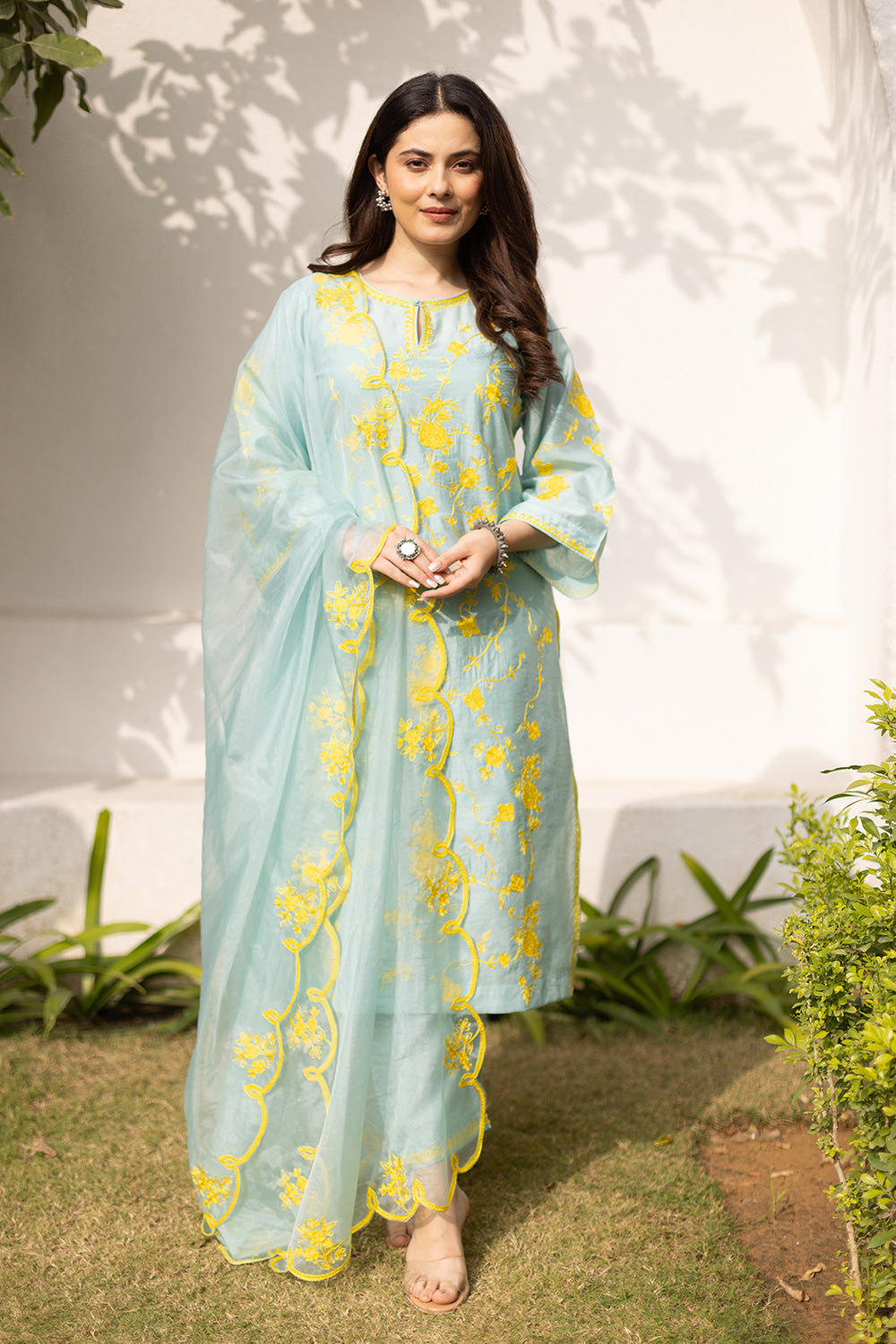 Mint chanderi yellow embroidered suit with matching organza dupatta