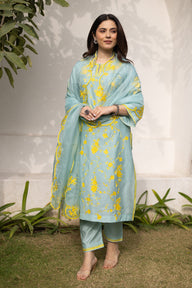 Mint chanderi yellow embroidered suit with matching organza dupatta