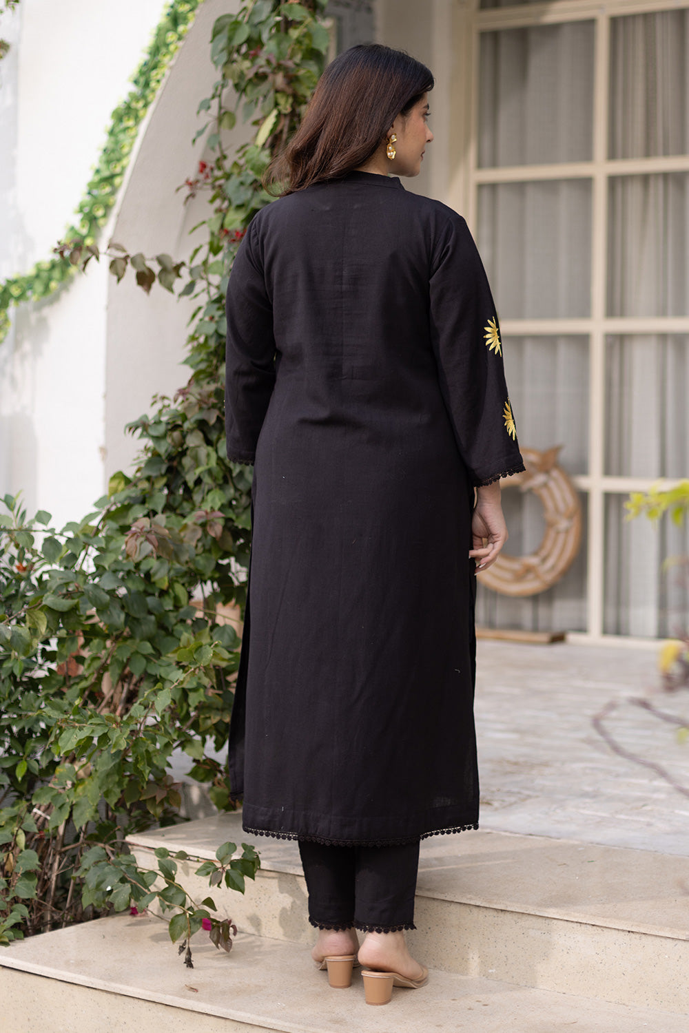 Sunflower embroidery black cotton suit with organza dupatta