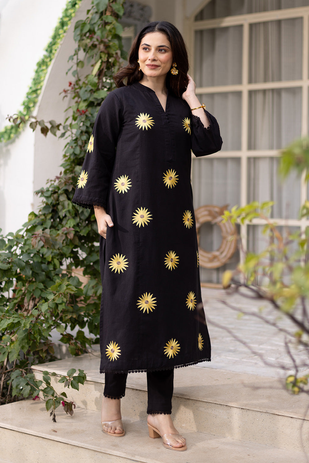 Sunflower embroidery black cotton suit with organza dupatta
