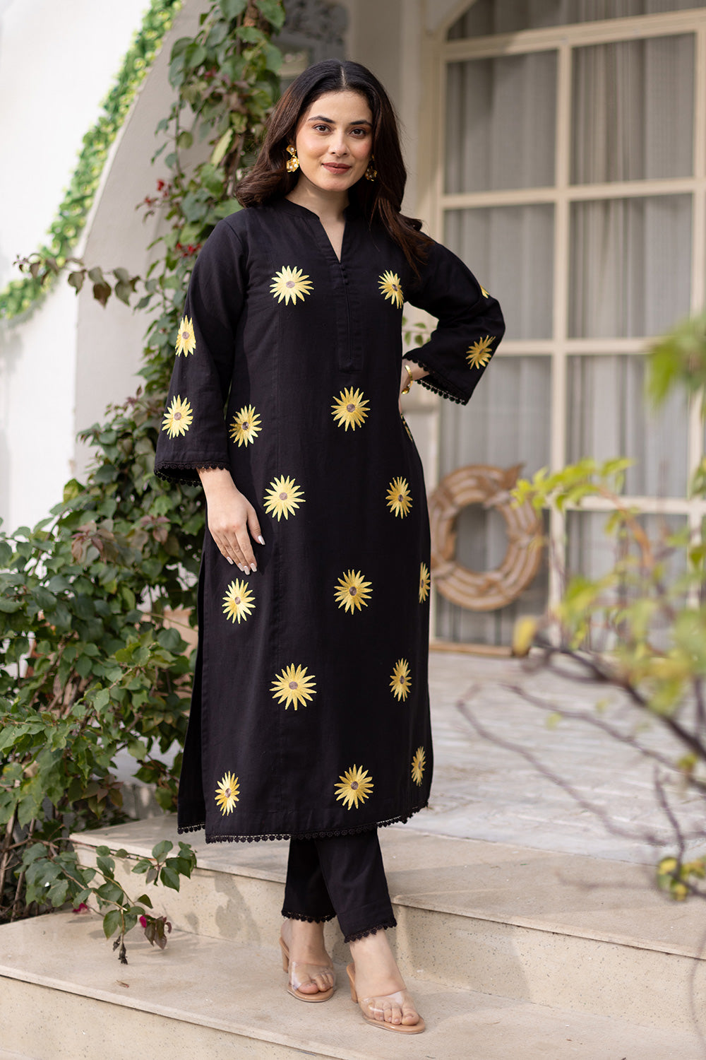 Sunflower embroidery black cotton suit with organza dupatta