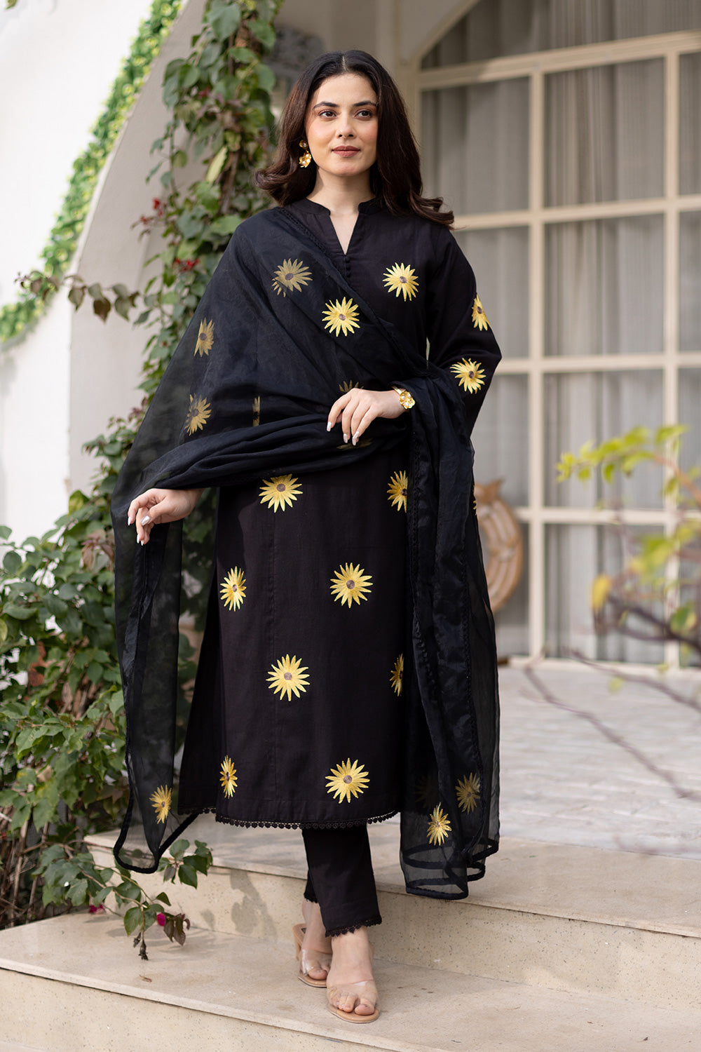 Sunflower embroidery black cotton suit with organza dupatta