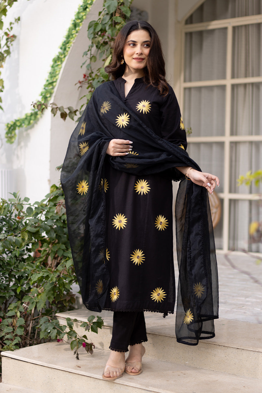 Sunflower embroidery black cotton suit with organza dupatta