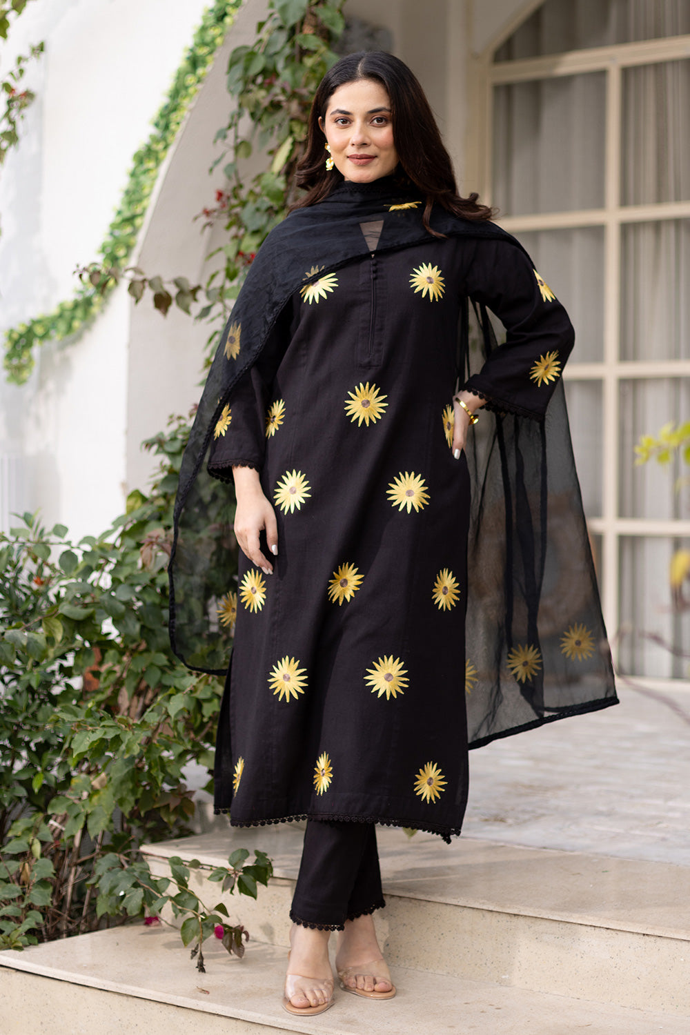 Sunflower embroidery black cotton suit with organza dupatta