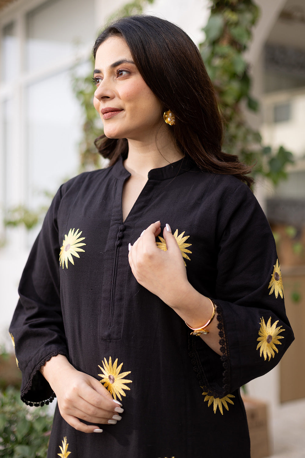 Sunflower embroidery black cotton suit with organza dupatta