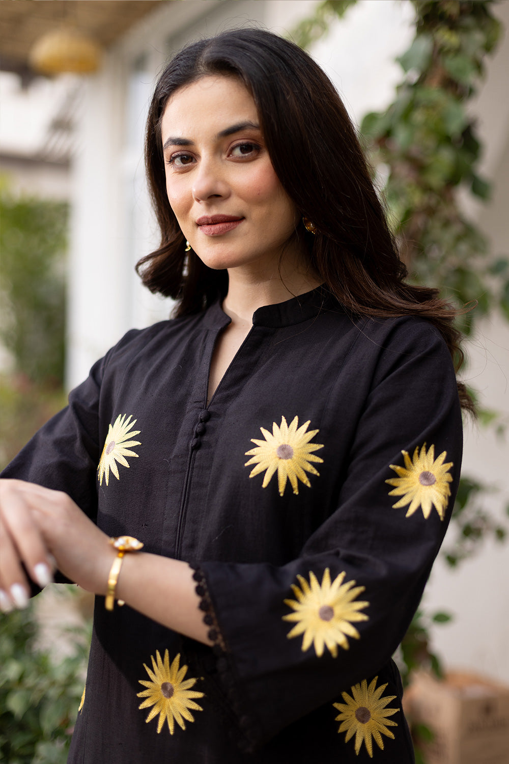 Sunflower embroidery black cotton suit with organza dupatta