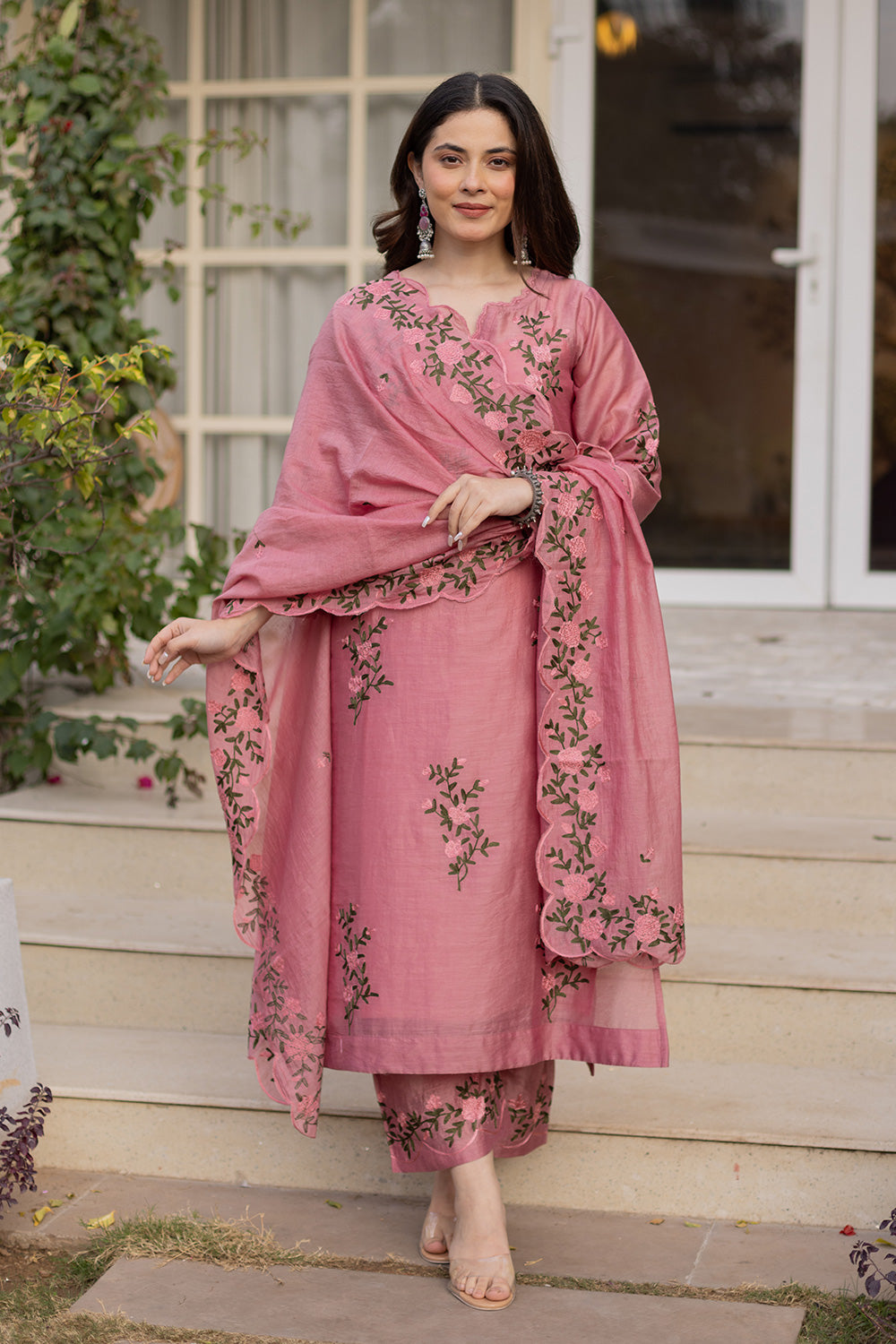 Guldasta pink chanderi suit set matching chanderi dupatta