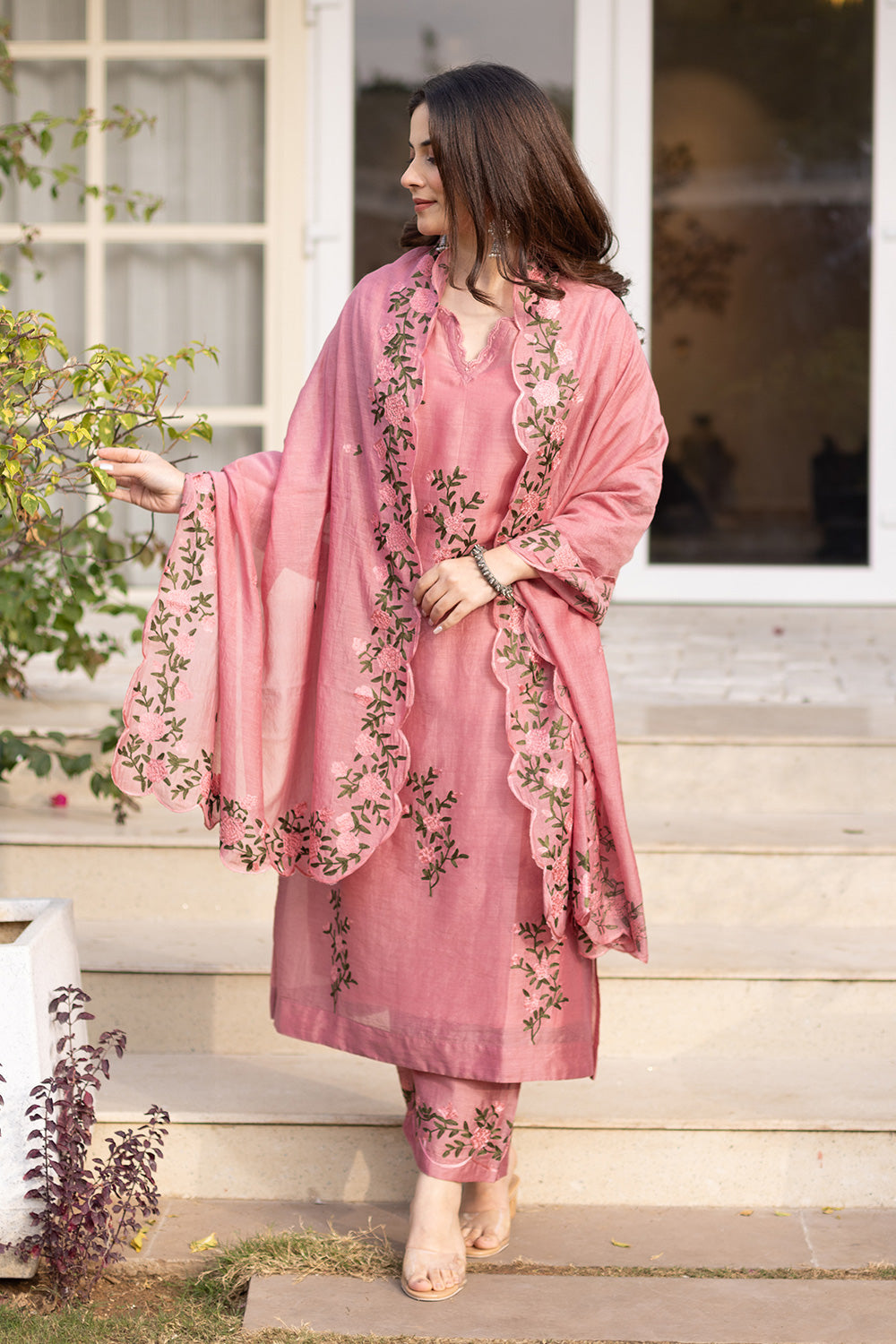 Guldasta pink chanderi suit set matching chanderi dupatta