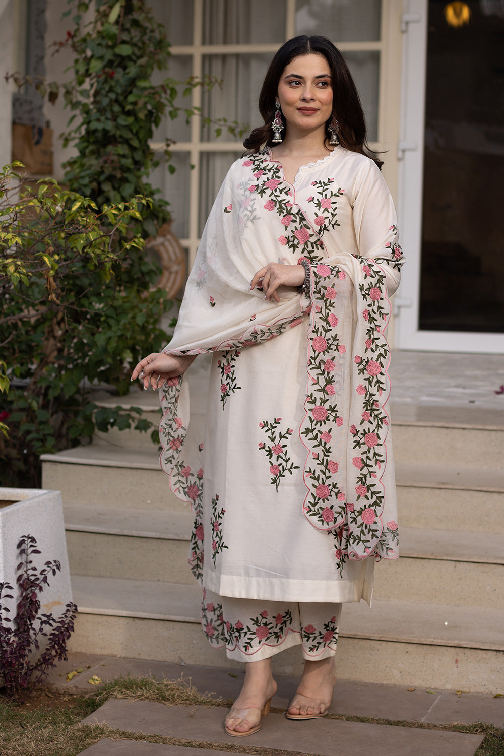 Guldasta white chanderi suit set matching chanderi dupatta