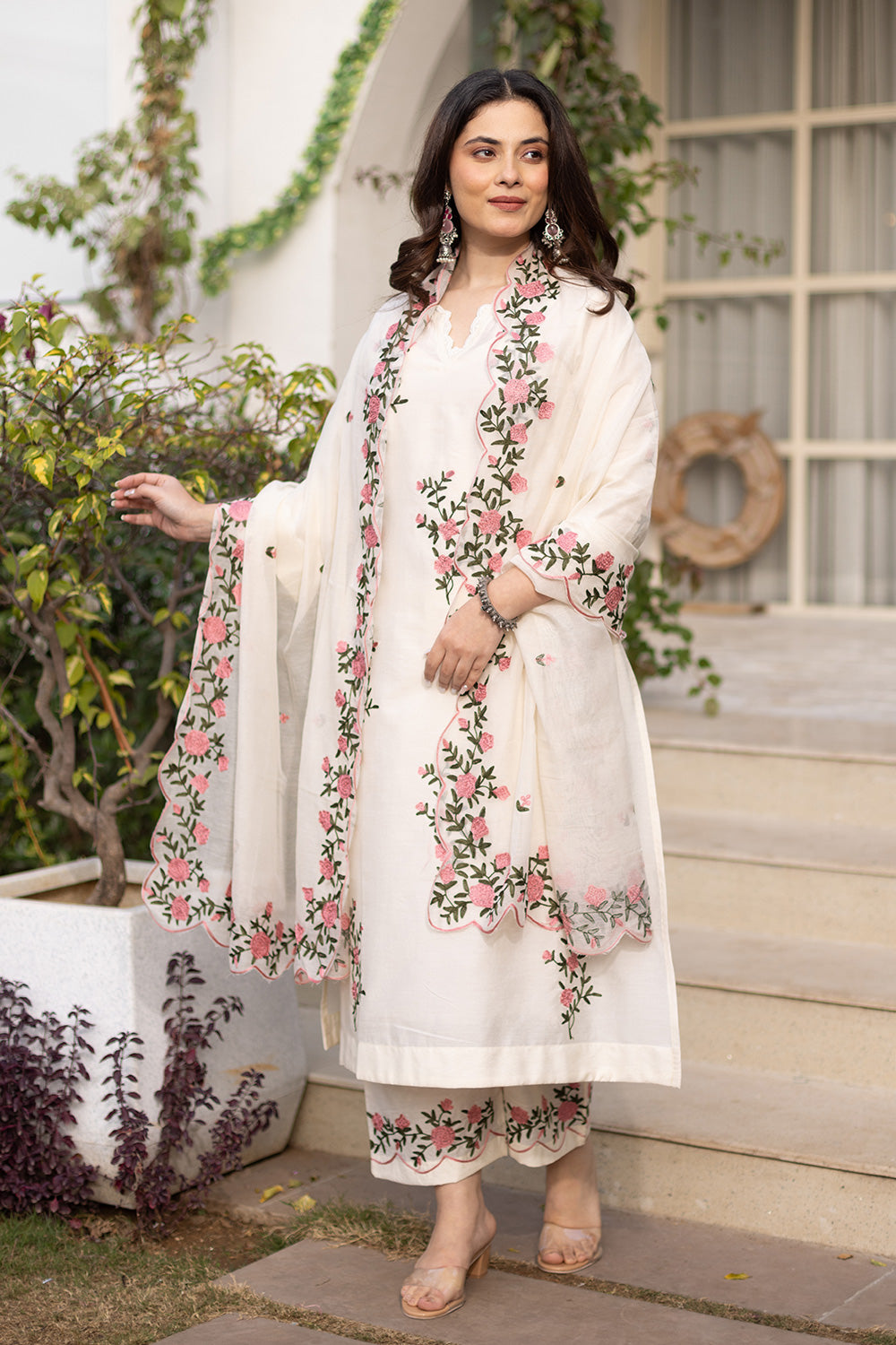 Guldasta white chanderi suit set matching chanderi dupatta