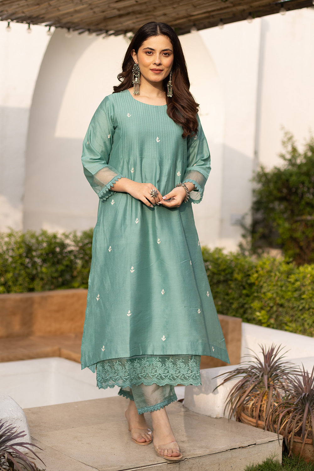 Mint embroidered chanderi suit with doriya dupatta