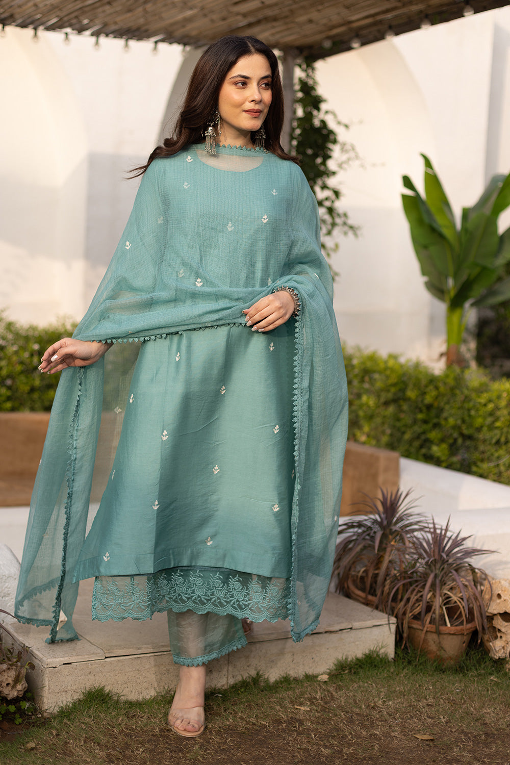 Mint embroidered chanderi suit with doriya dupatta
