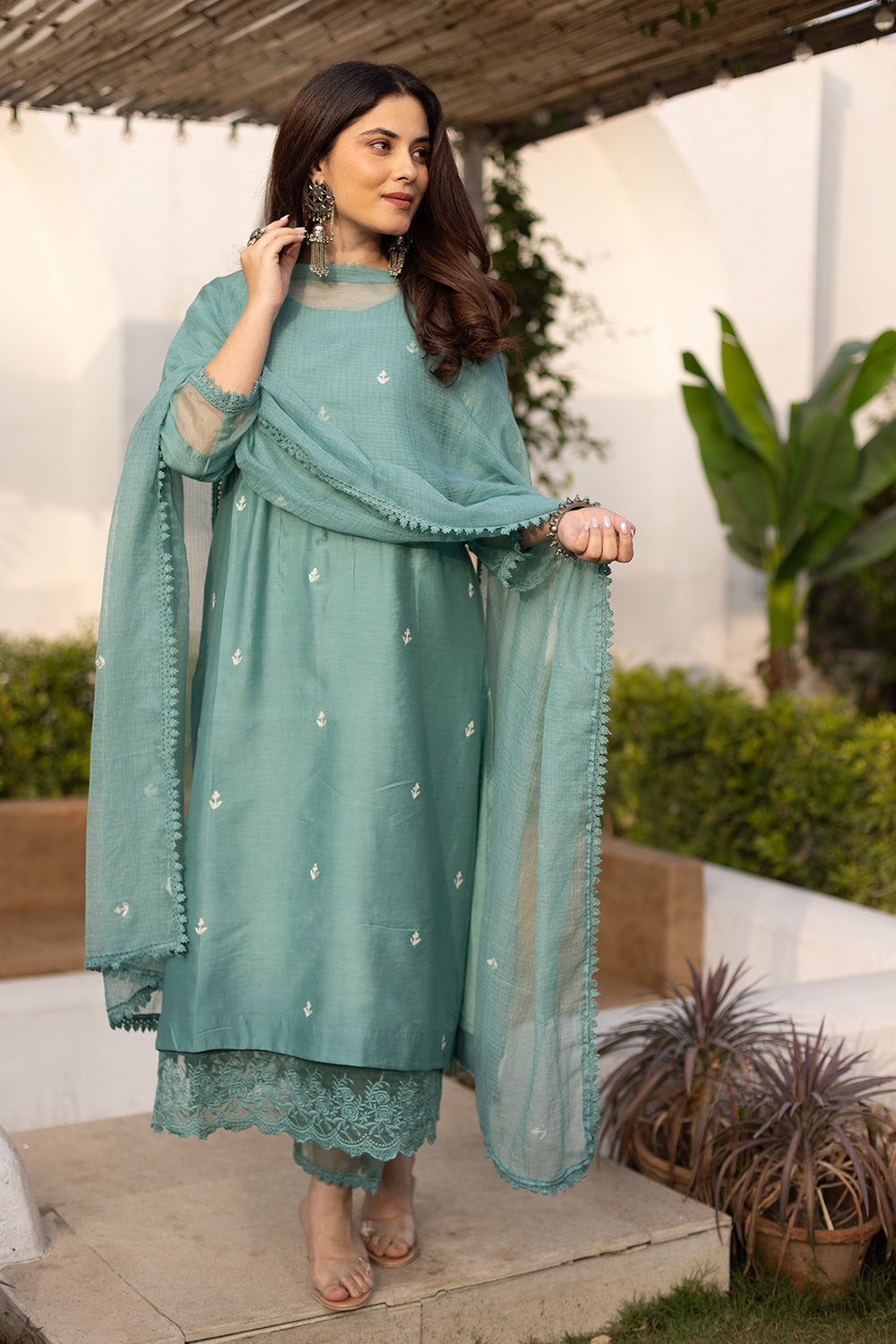 Mint embroidered chanderi suit with doriya dupatta