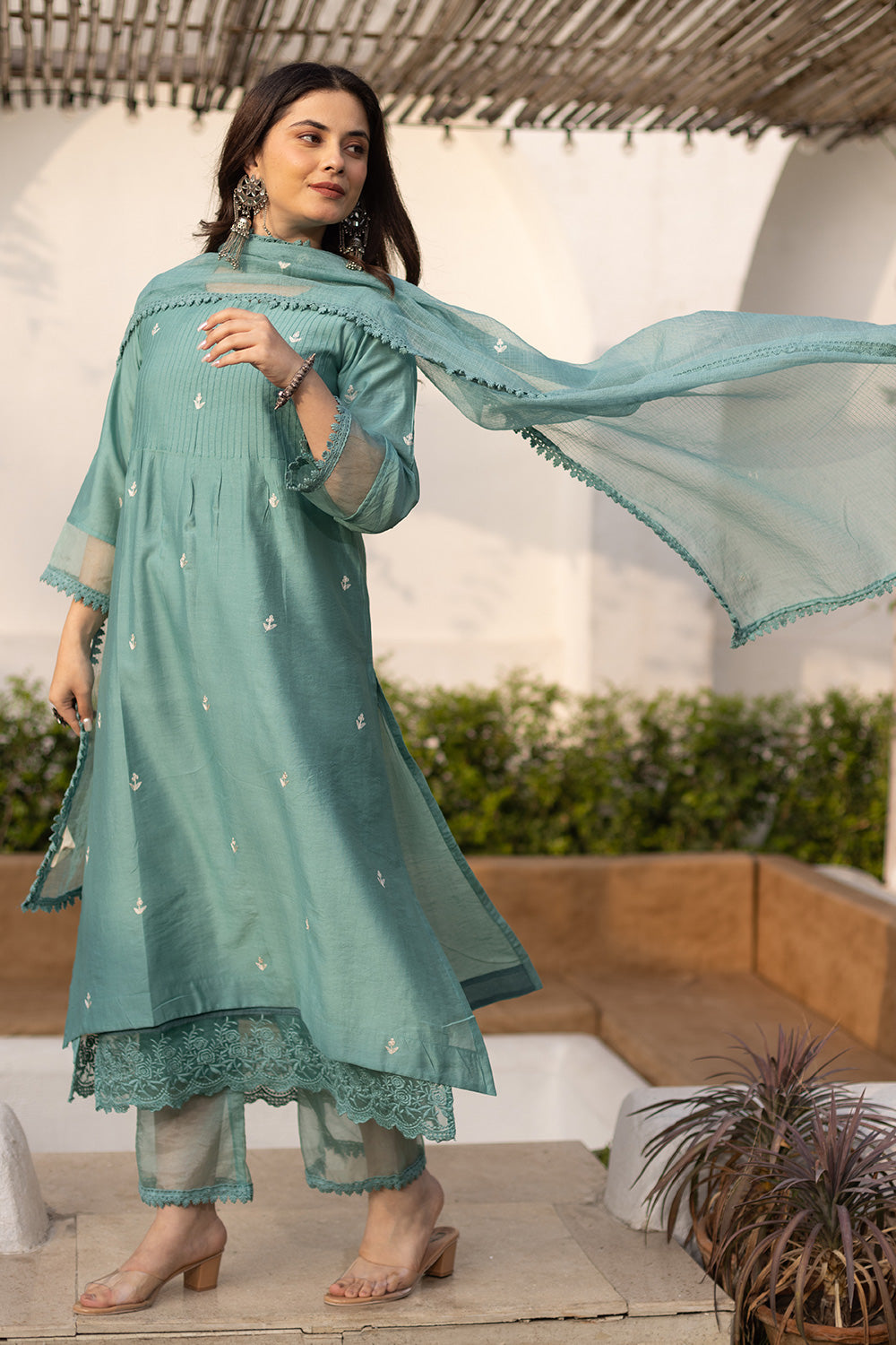 Mint embroidered chanderi suit with doriya dupatta