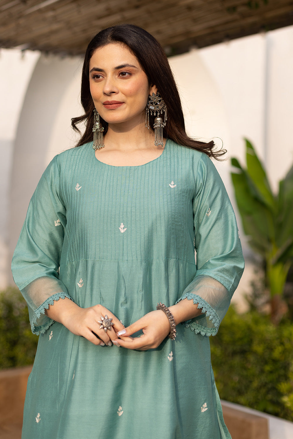 Mint embroidered chanderi suit with doriya dupatta