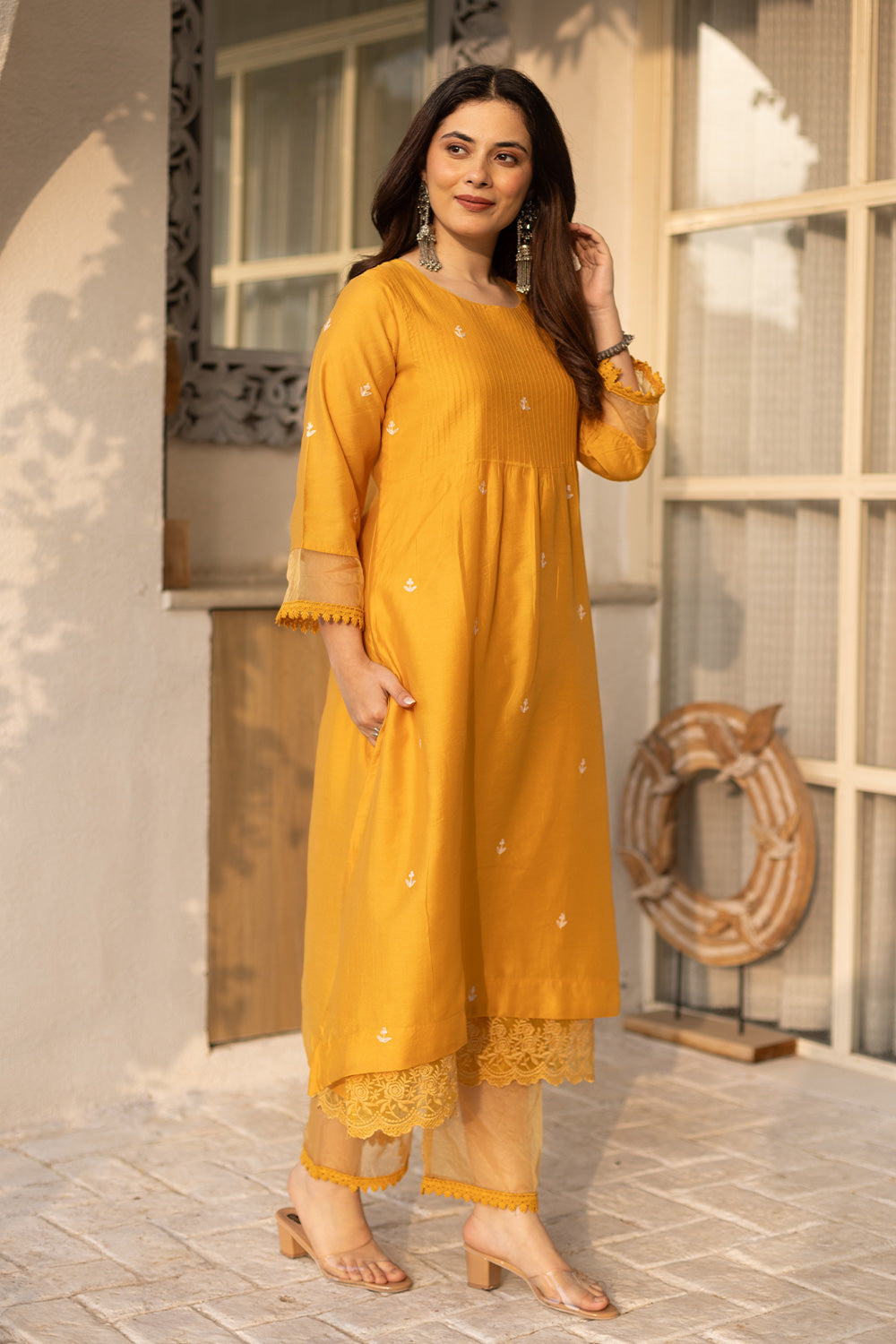 Yellow embroidered chanderi suit with doriya dupatta