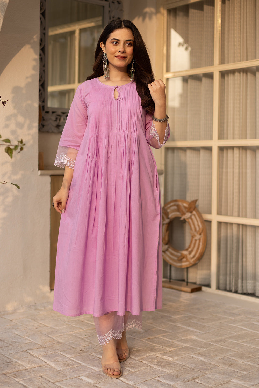 Purple cotton suit with an embroidered scalloped organza dupatta