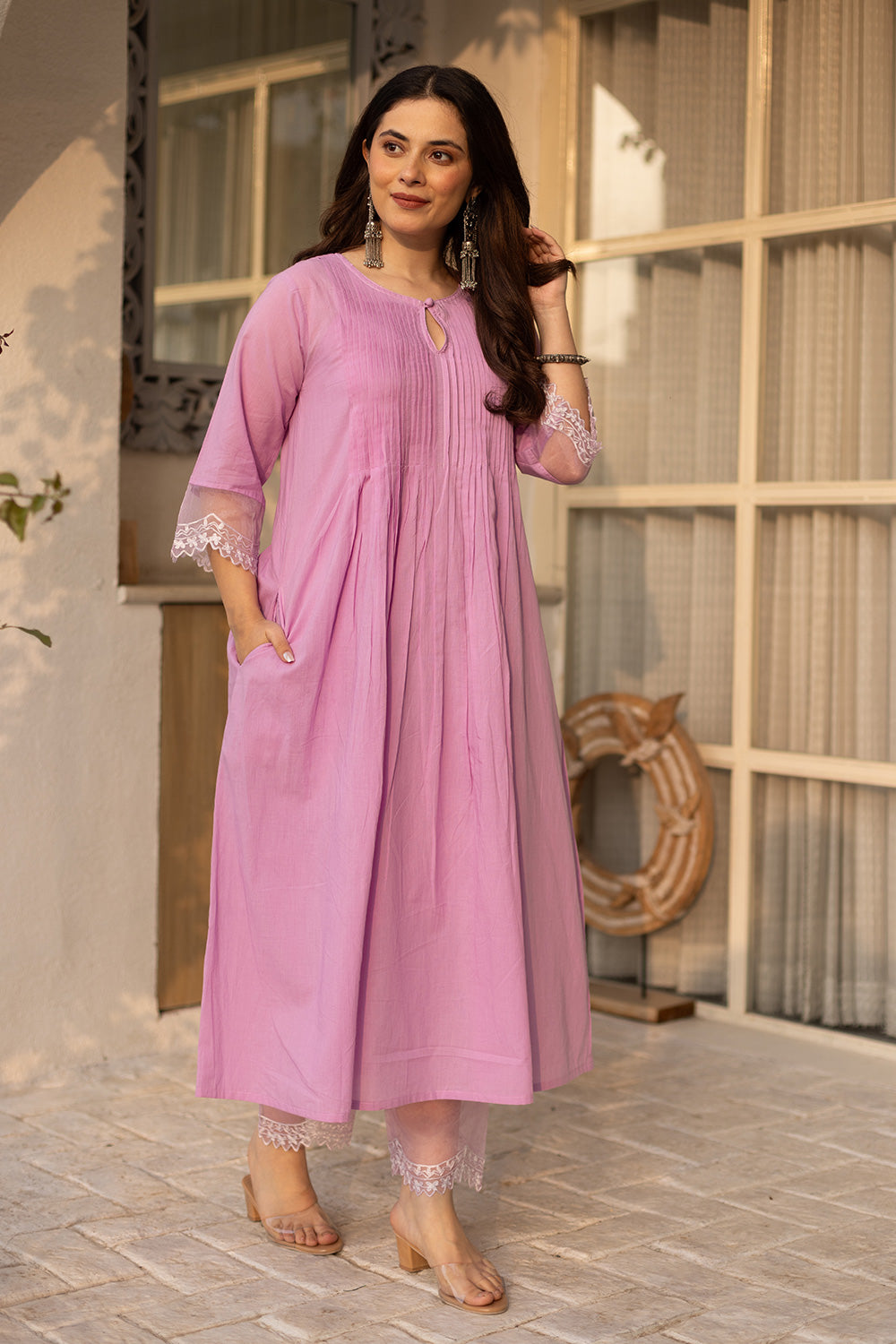 Purple cotton suit with an embroidered scalloped organza dupatta