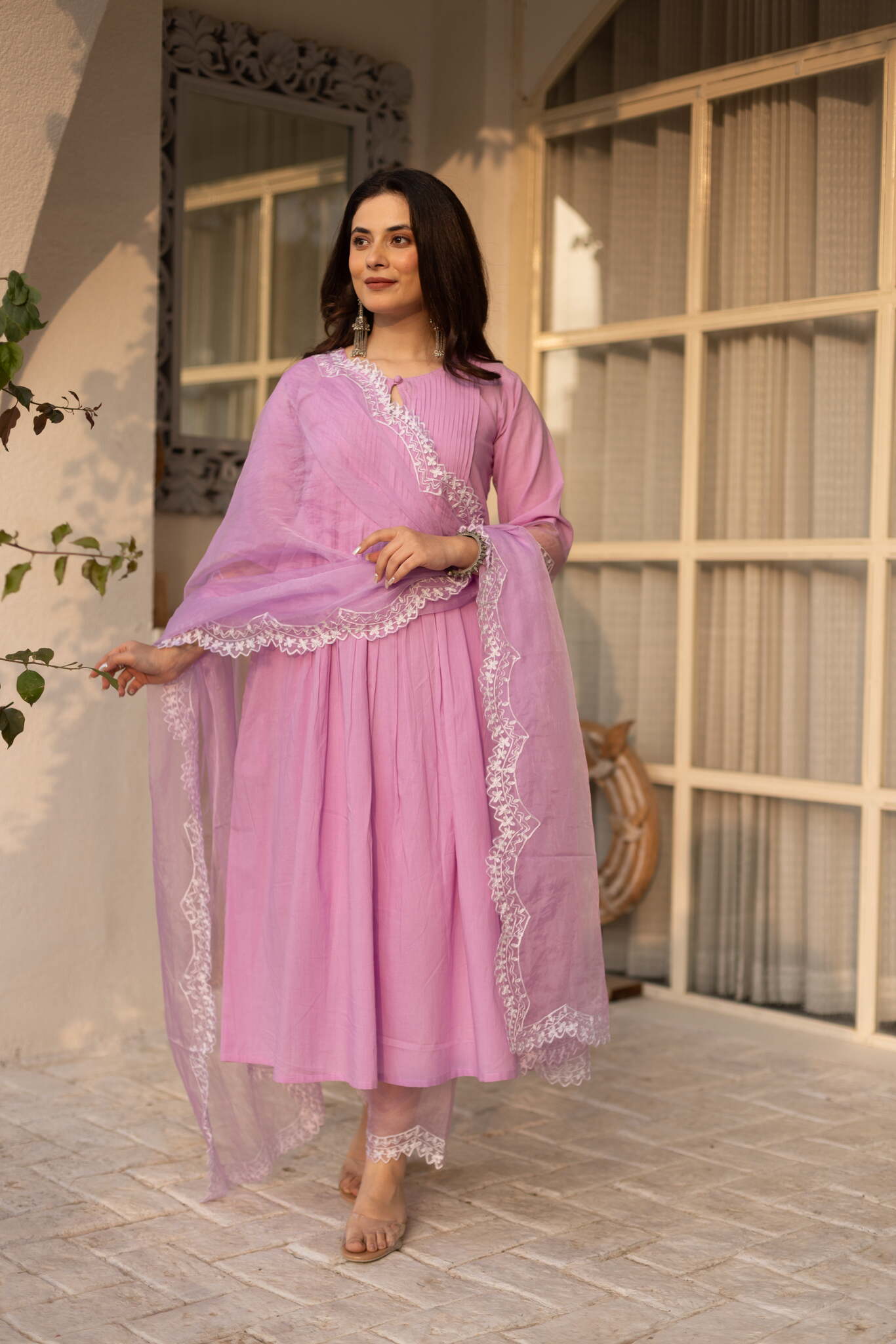 Purple cotton suit with an embroidered scalloped organza dupatta