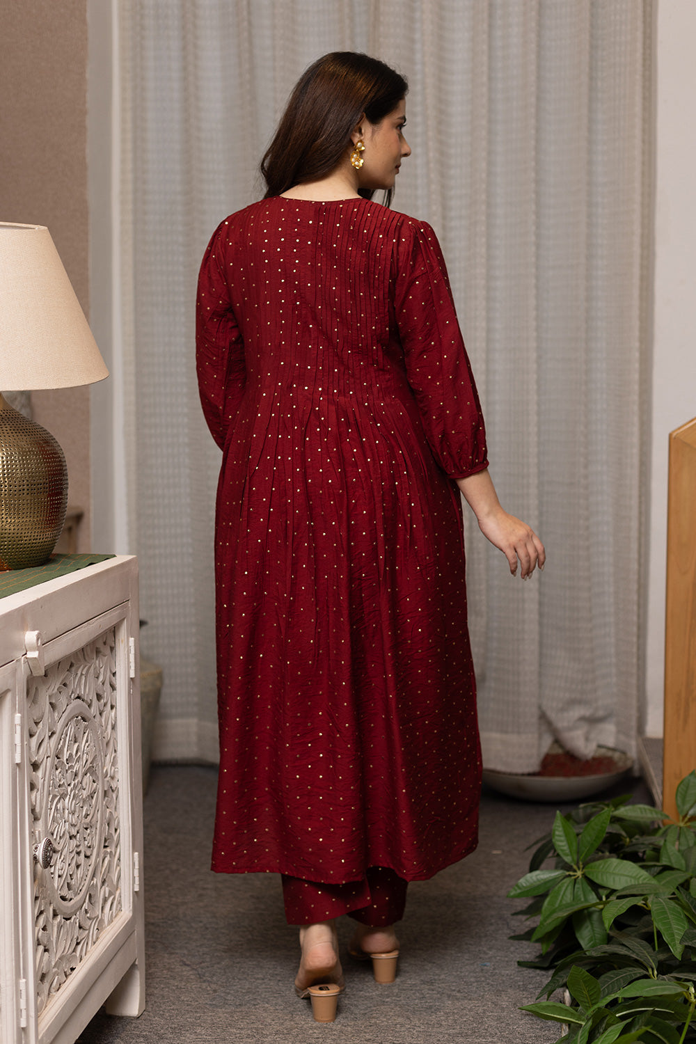 Maroon mukaish work chanderi suit with organza dupatta