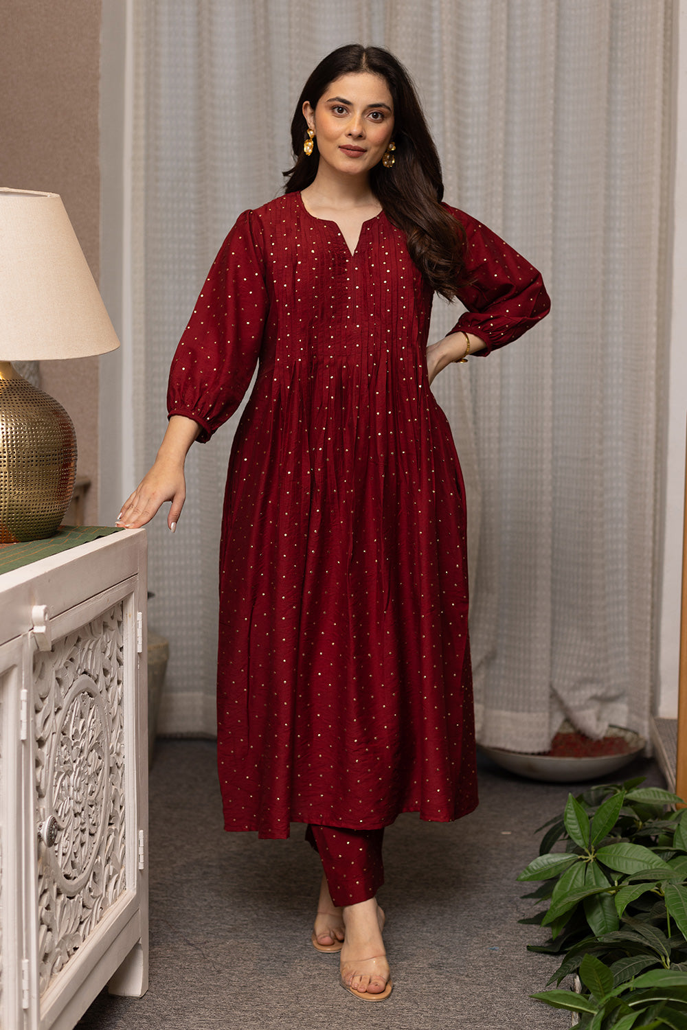 Maroon mukaish work chanderi suit with organza dupatta