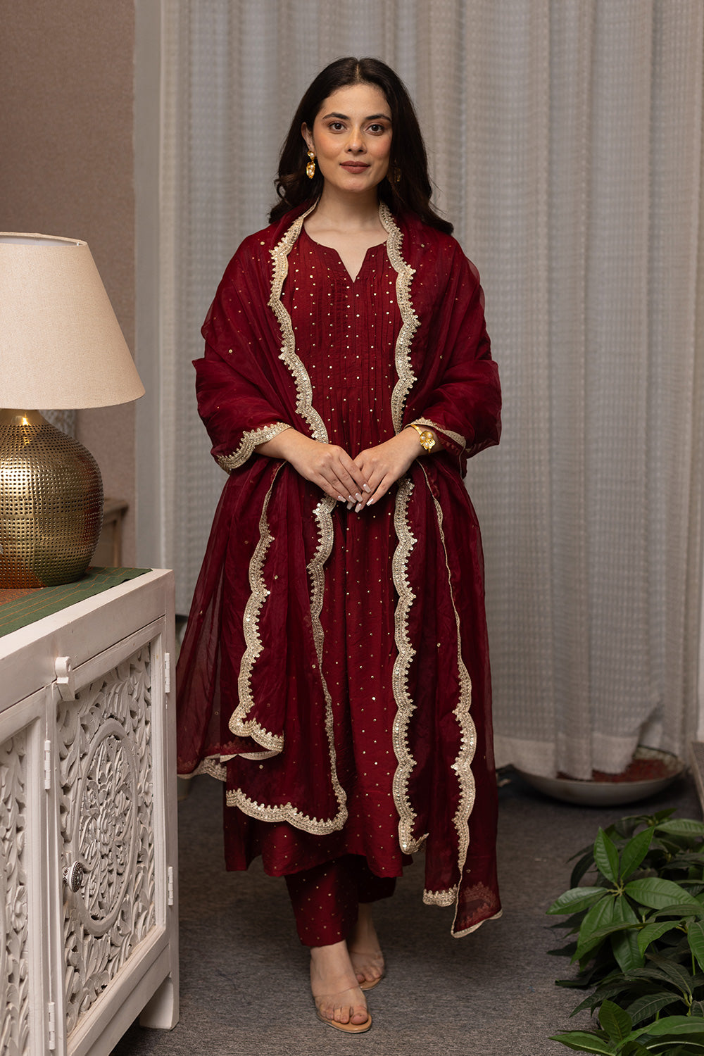 Maroon mukaish work chanderi suit with organza dupatta