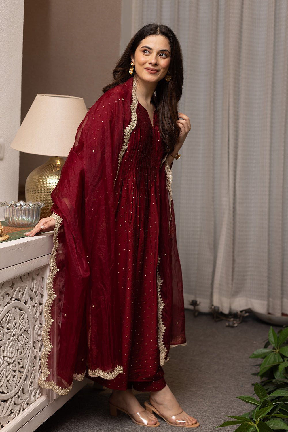 Maroon mukaish work chanderi suit with organza dupatta
