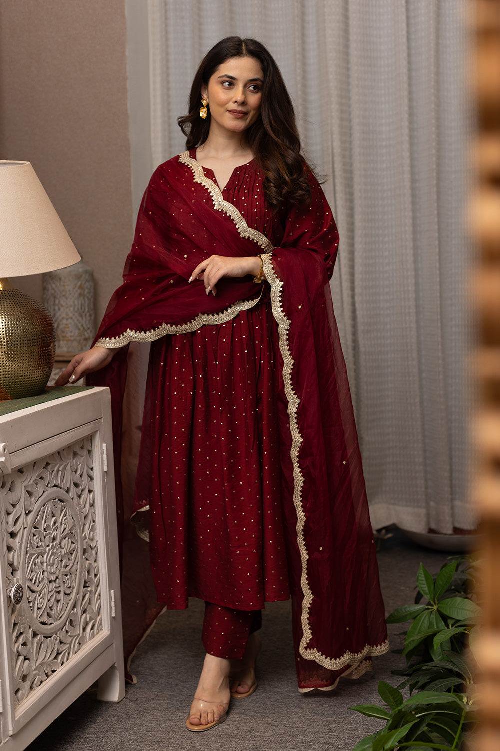 Maroon mukaish work chanderi suit with organza dupatta
