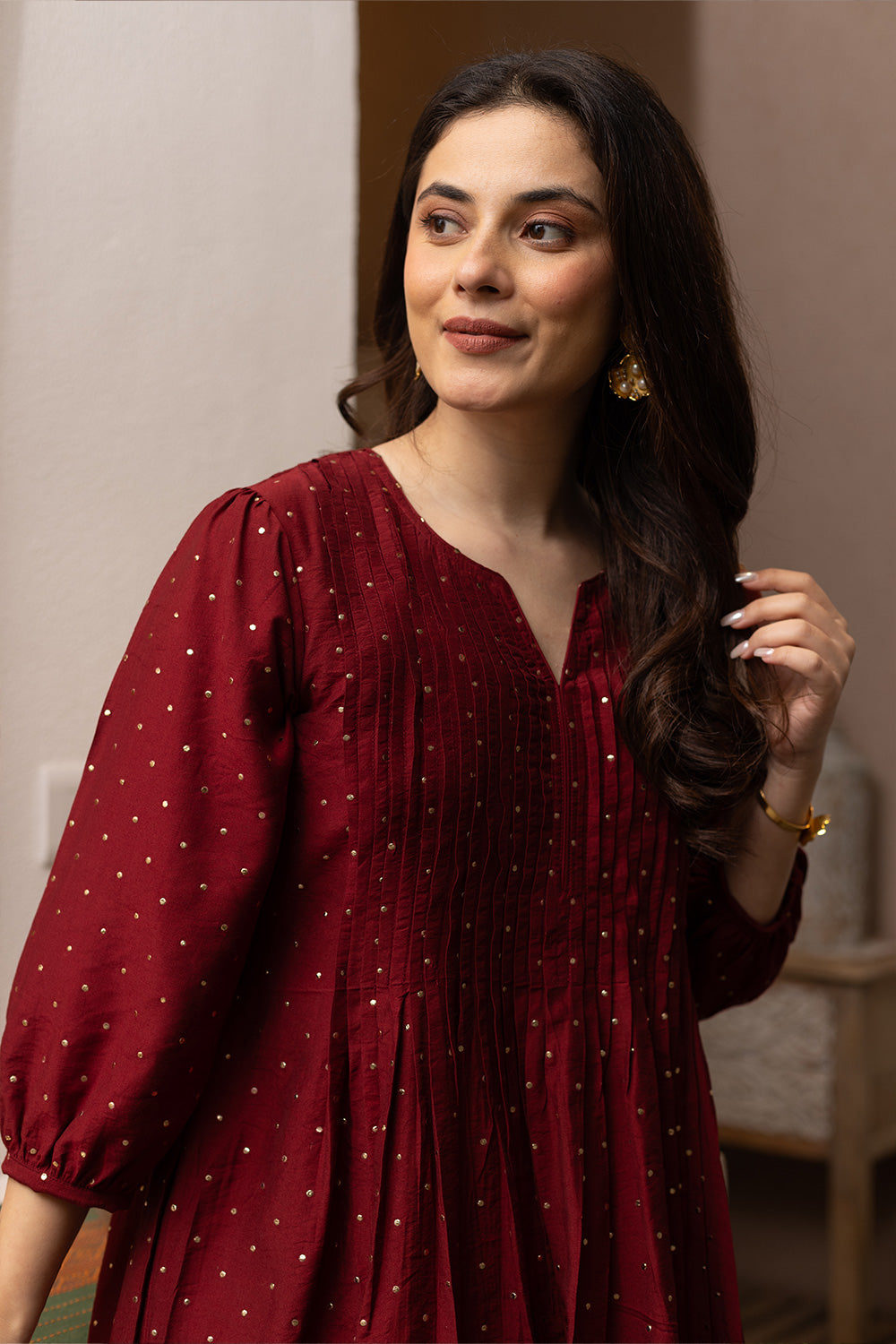 Maroon mukaish work chanderi suit with organza dupatta
