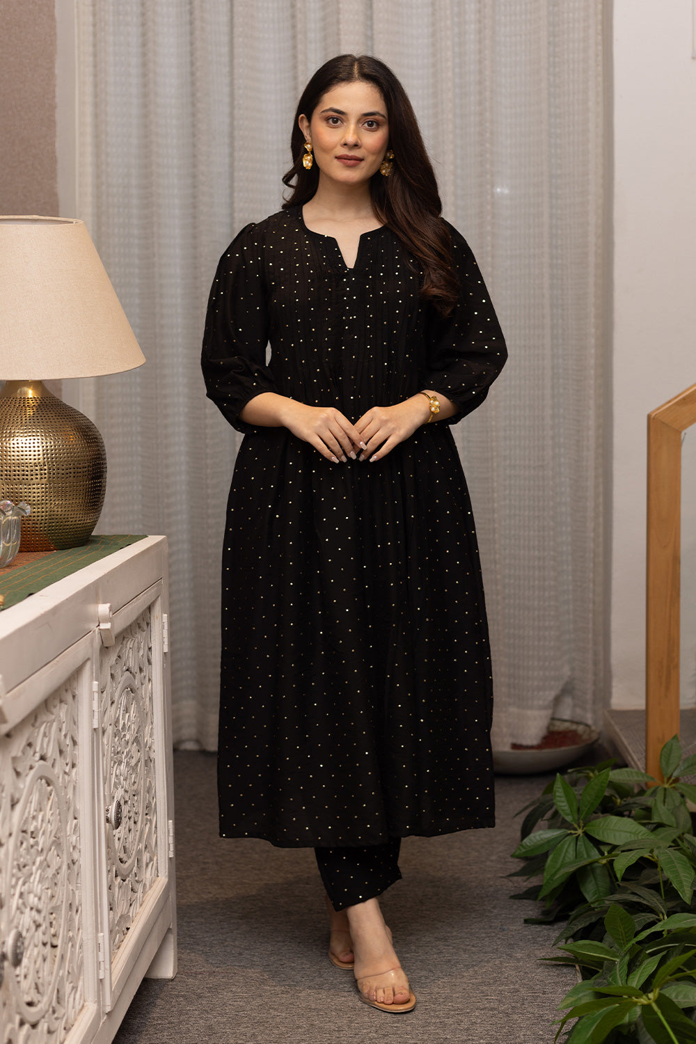 Black mukaish work chanderi suit with organza dupatta