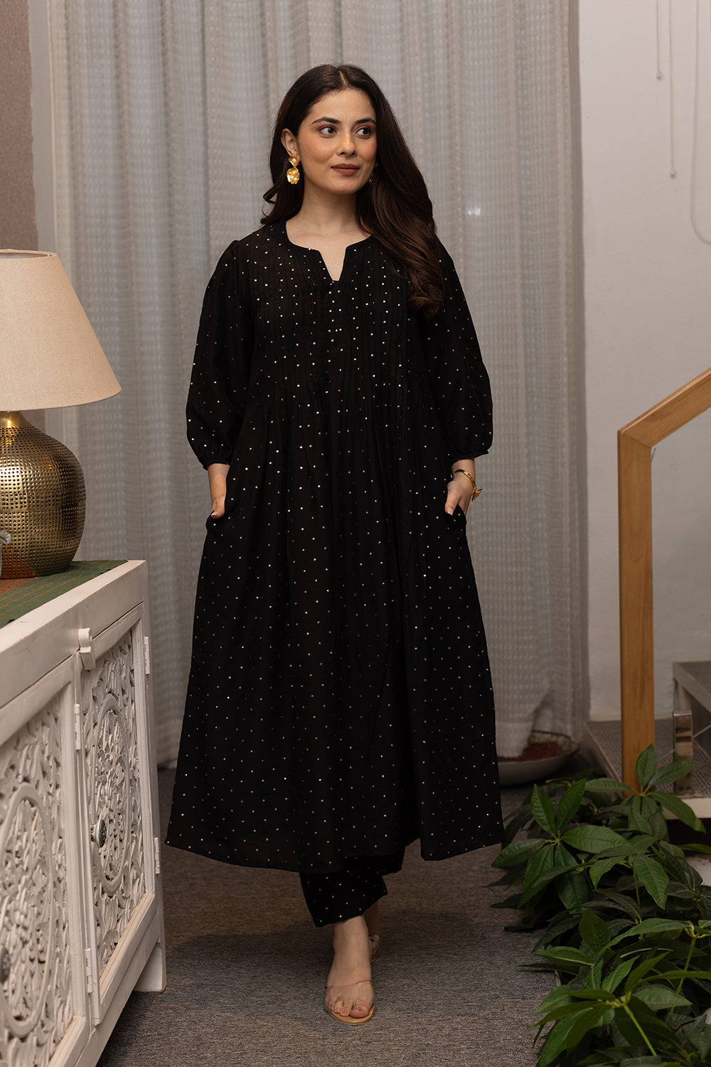 Black mukaish work chanderi suit with organza dupatta
