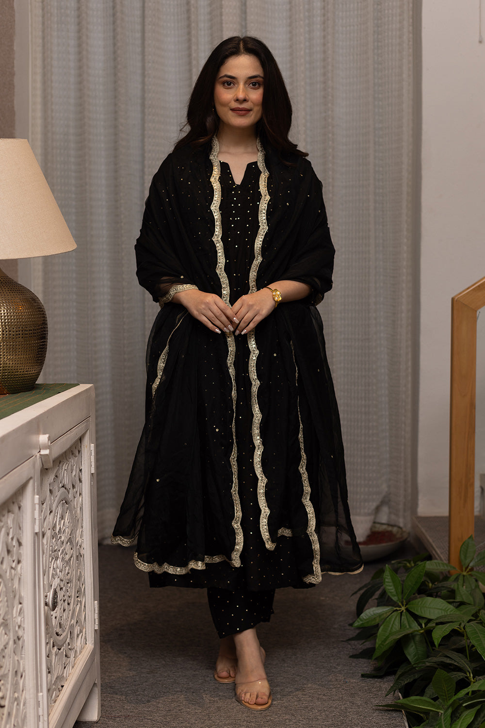 Black mukaish work chanderi suit with organza dupatta