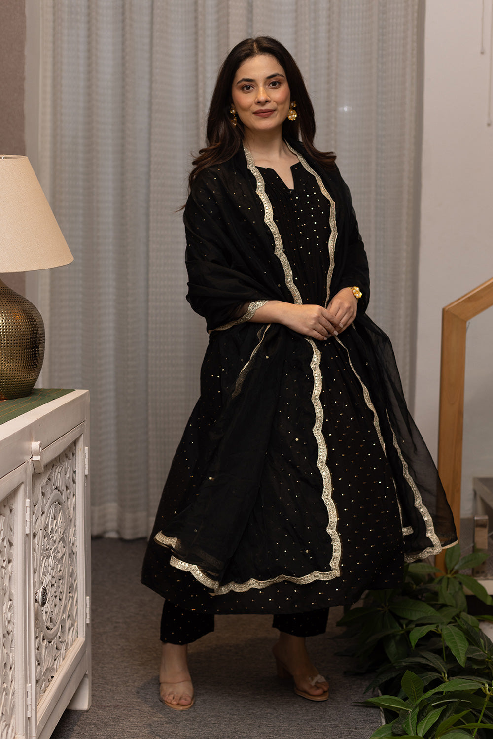 Black mukaish work chanderi suit with organza dupatta