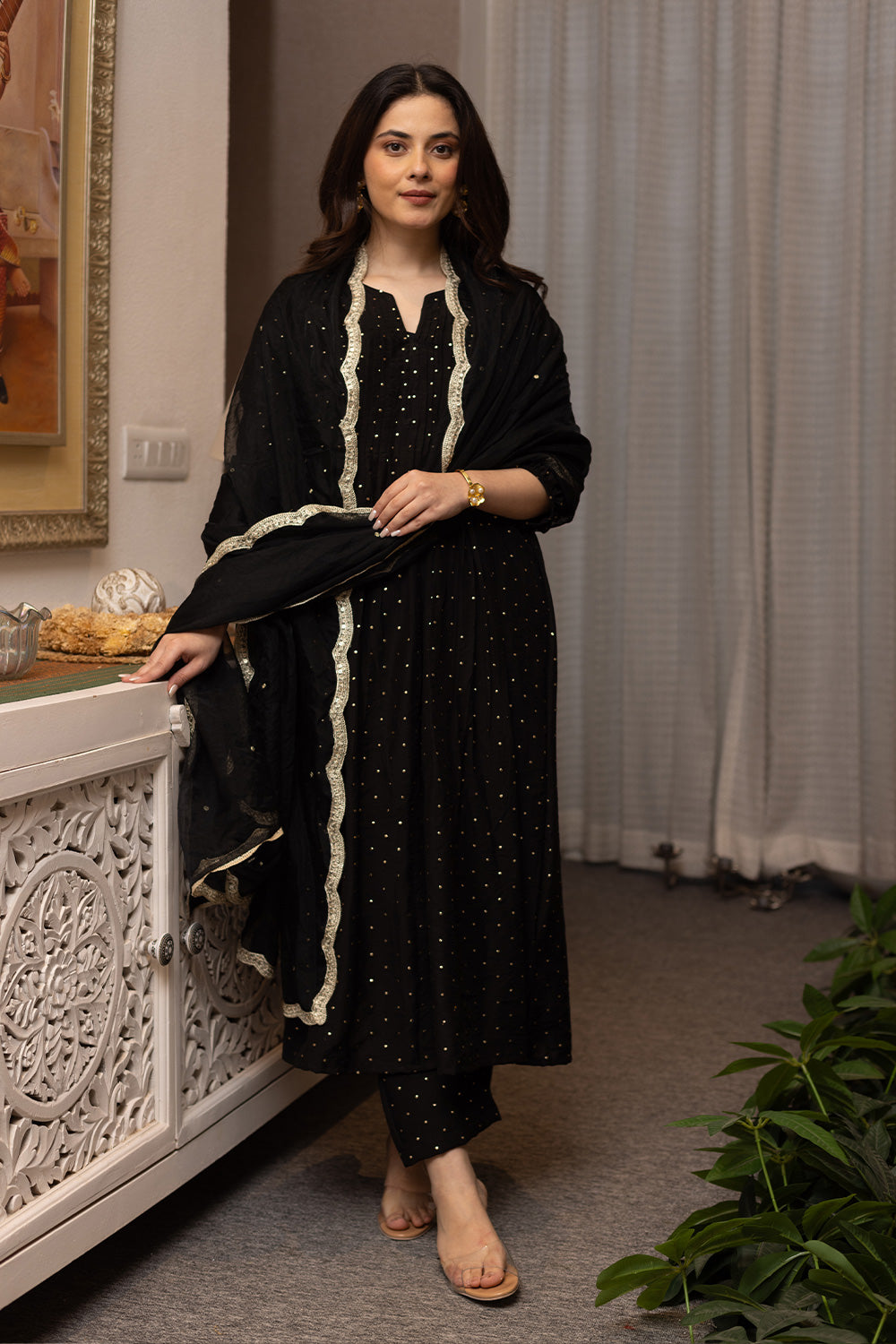 Black mukaish work chanderi suit with organza dupatta