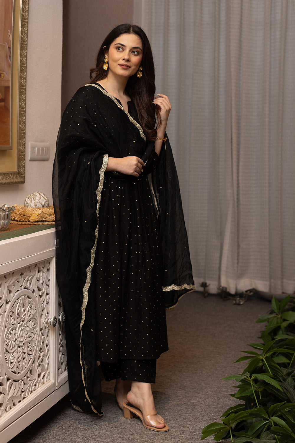 Black mukaish work chanderi suit with organza dupatta
