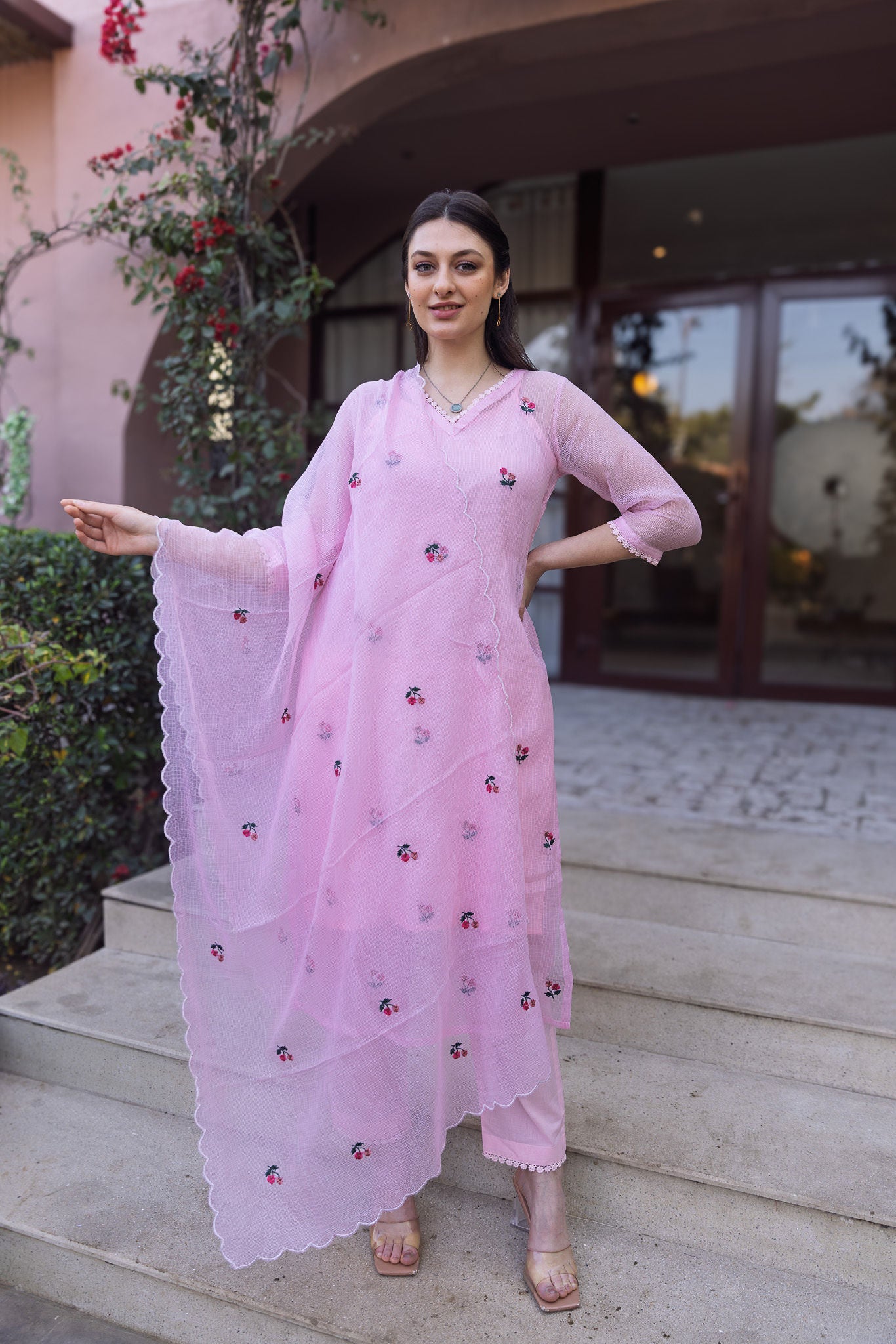Light Pink Doriya Embroidered Kurti with Dupatta Suit set
