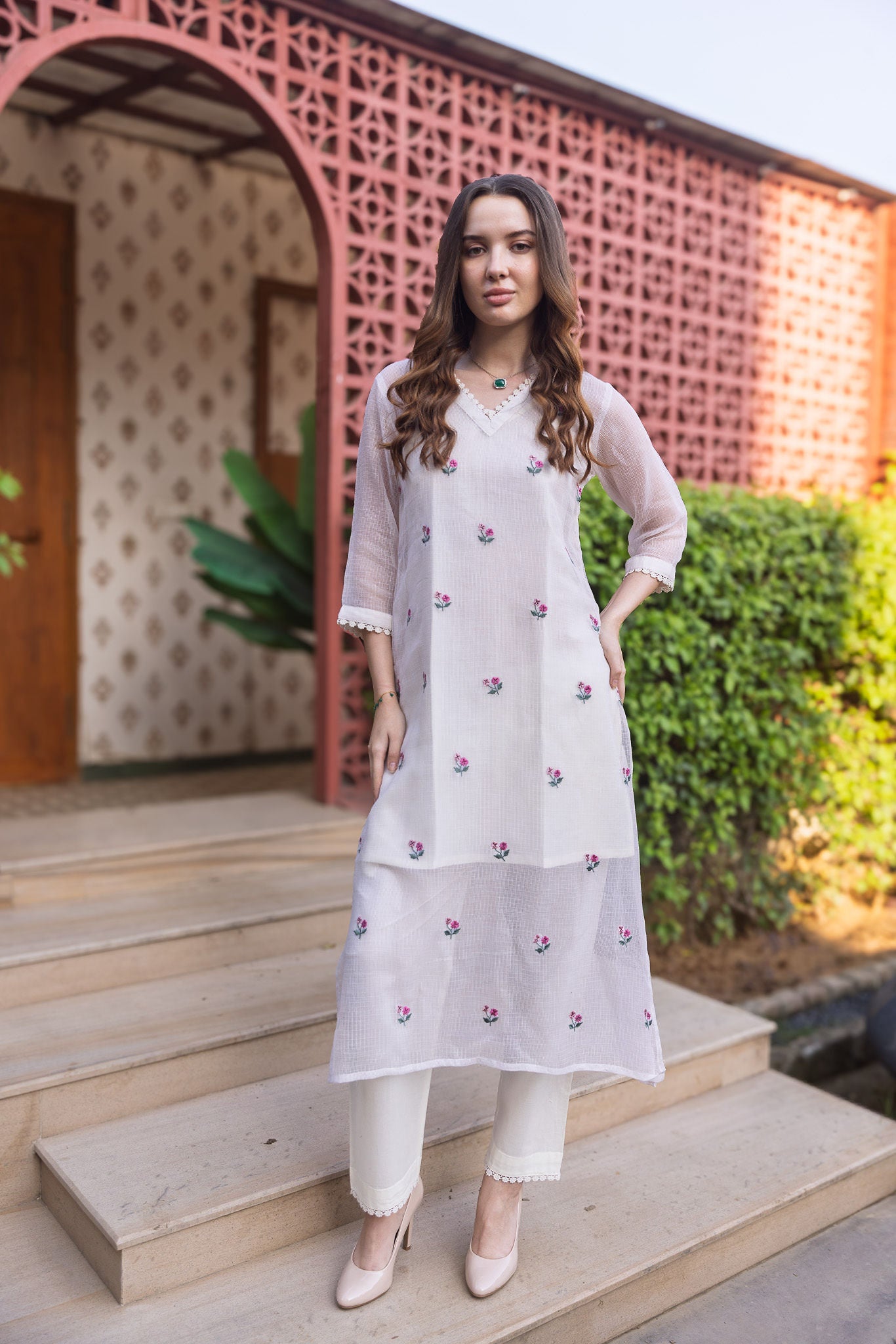 Off White Doriya Embroidered Kurti with Dupatta Suit set