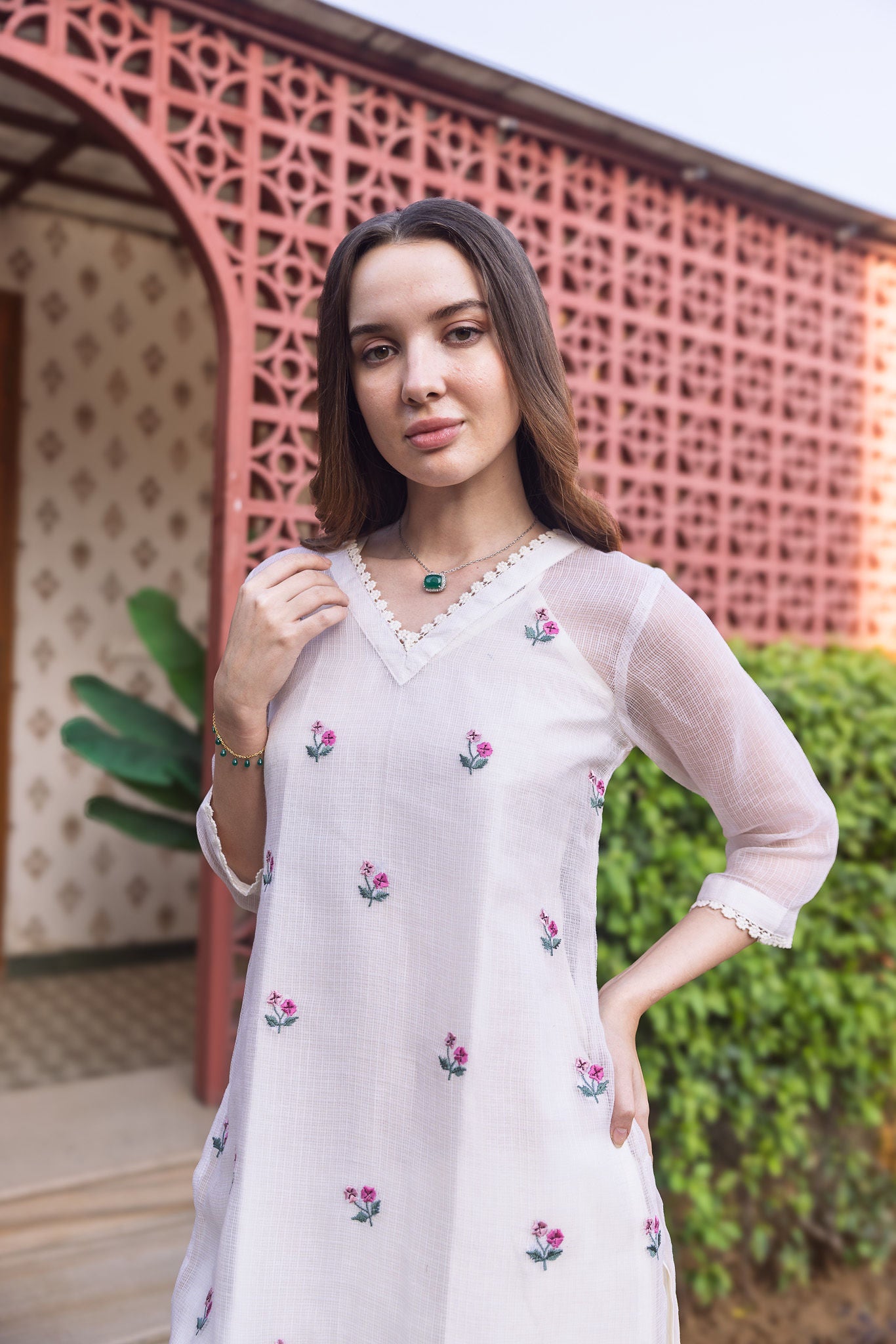 Off White Doriya Embroidered Kurti with Dupatta Suit set