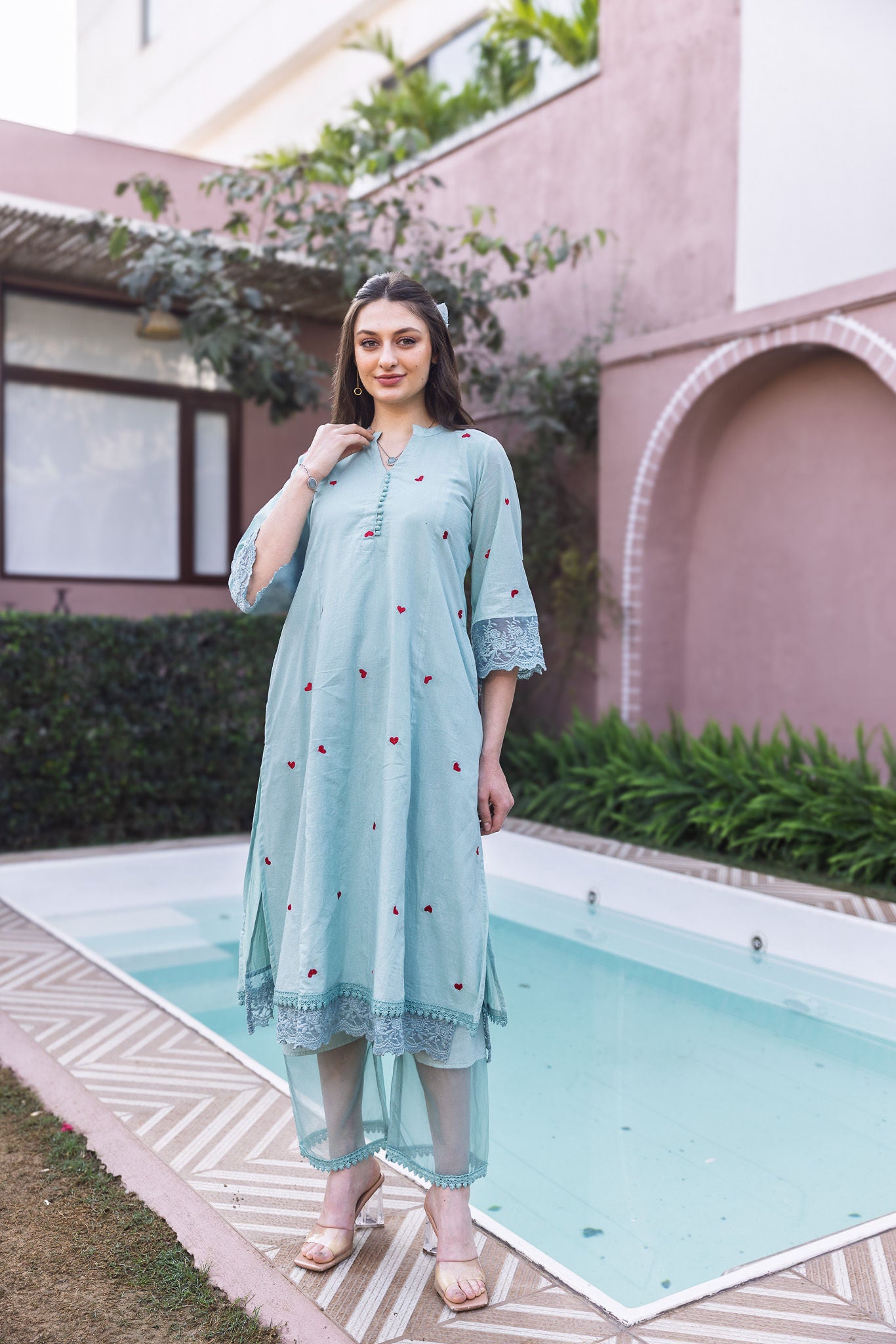 Mint Cottan Red Heart Embroidred straight Set