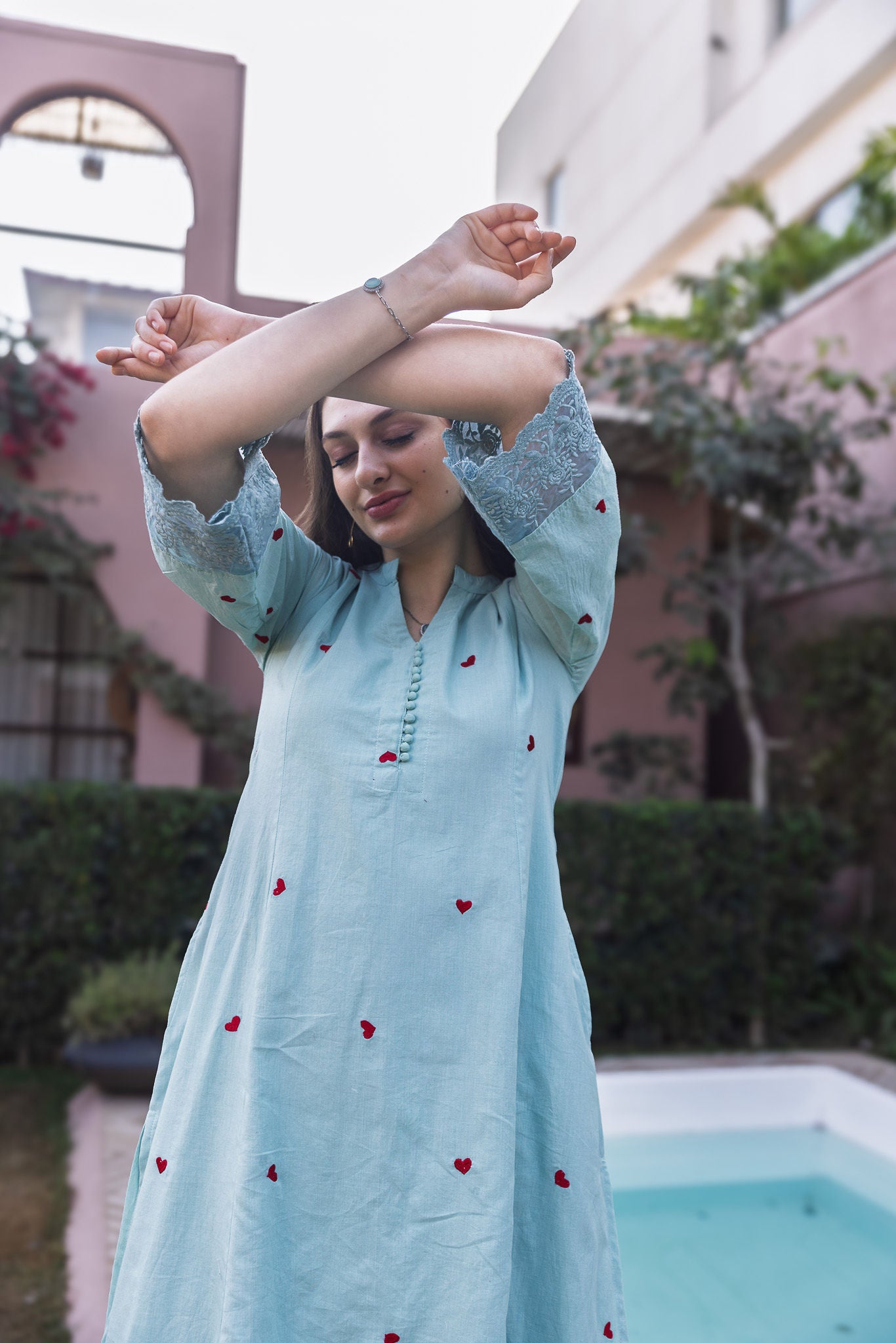 Mint Cottan Red Heart Embroidred straight Set