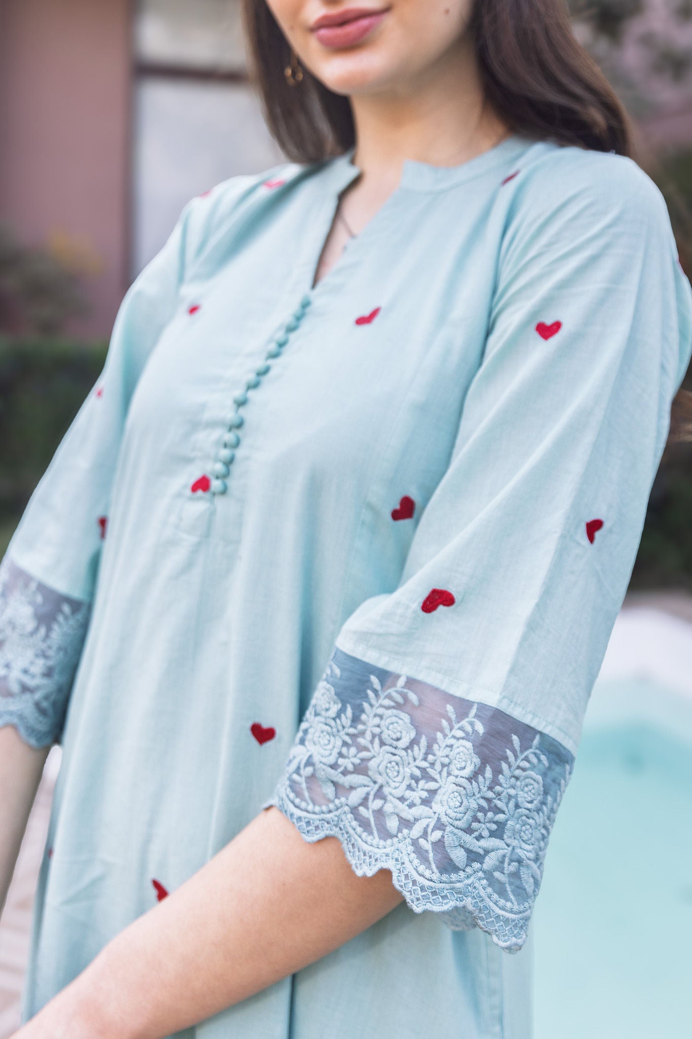 Mint Cottan Red Heart Embroidred straight Set