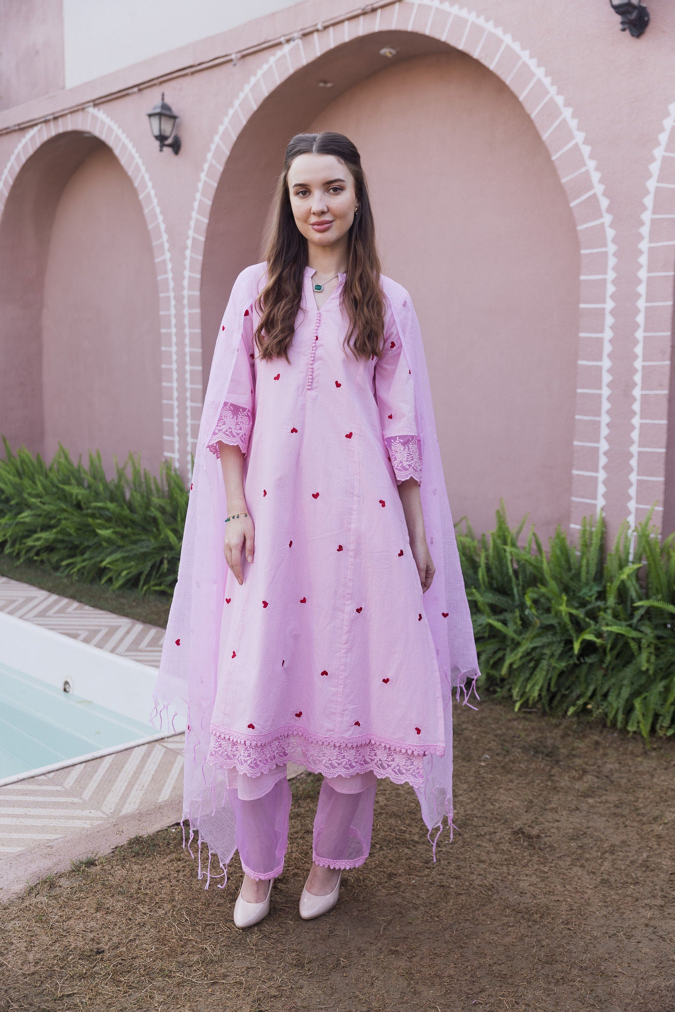 Light Pink Cottan Red Heart Embroidered Straight Set