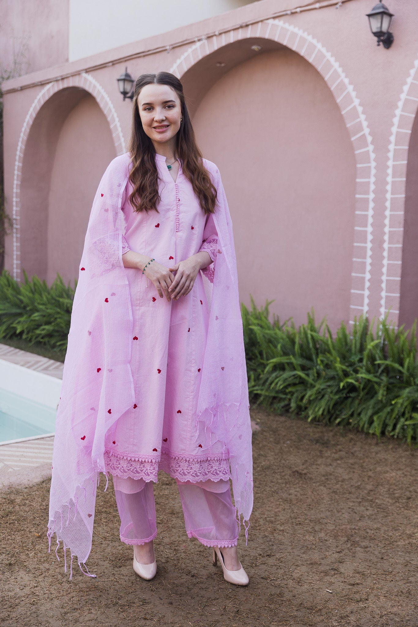 Light Pink Cottan Red Heart Embroidered Straight Set