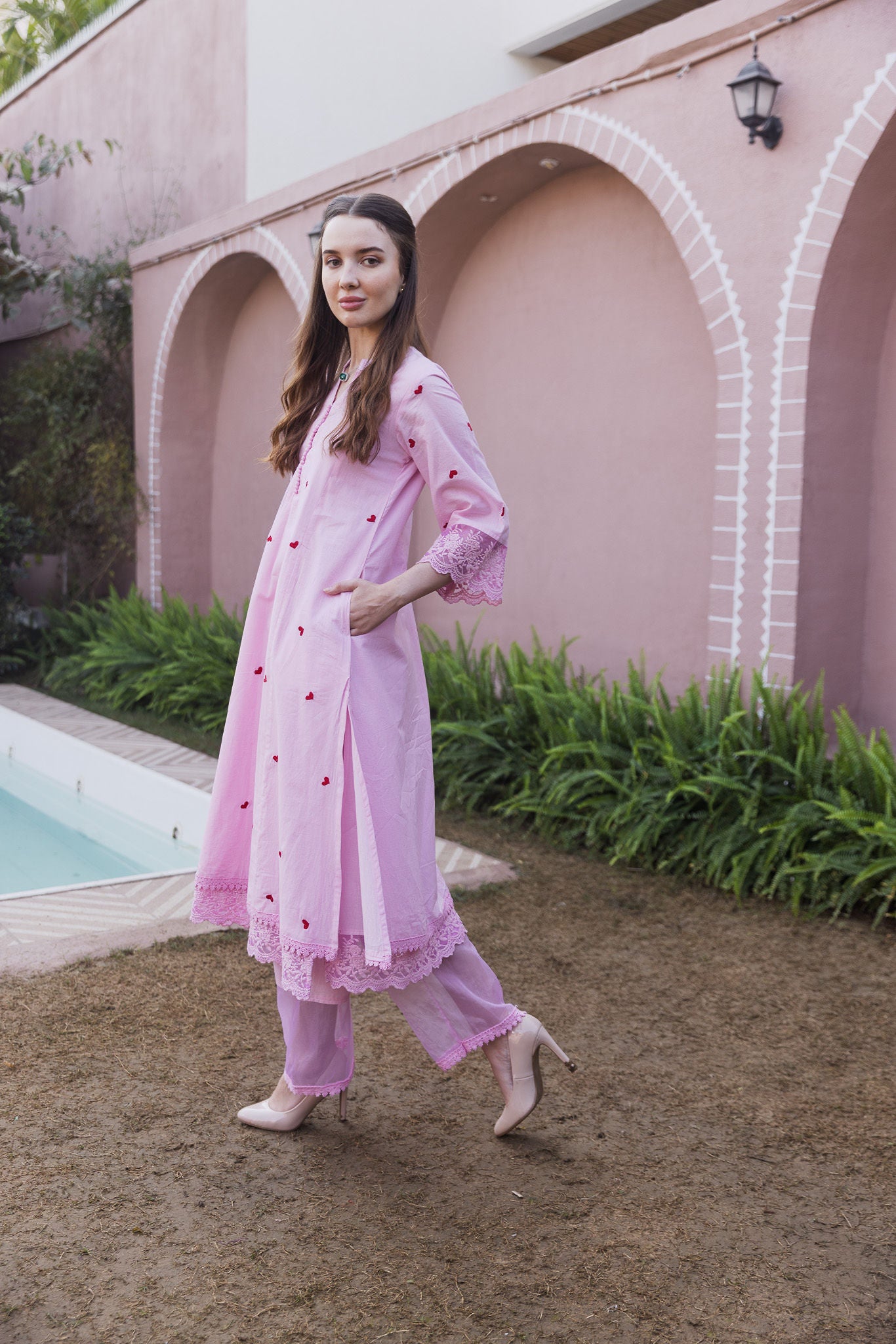 Light Pink Cottan Red Heart Embroidered Straight Set