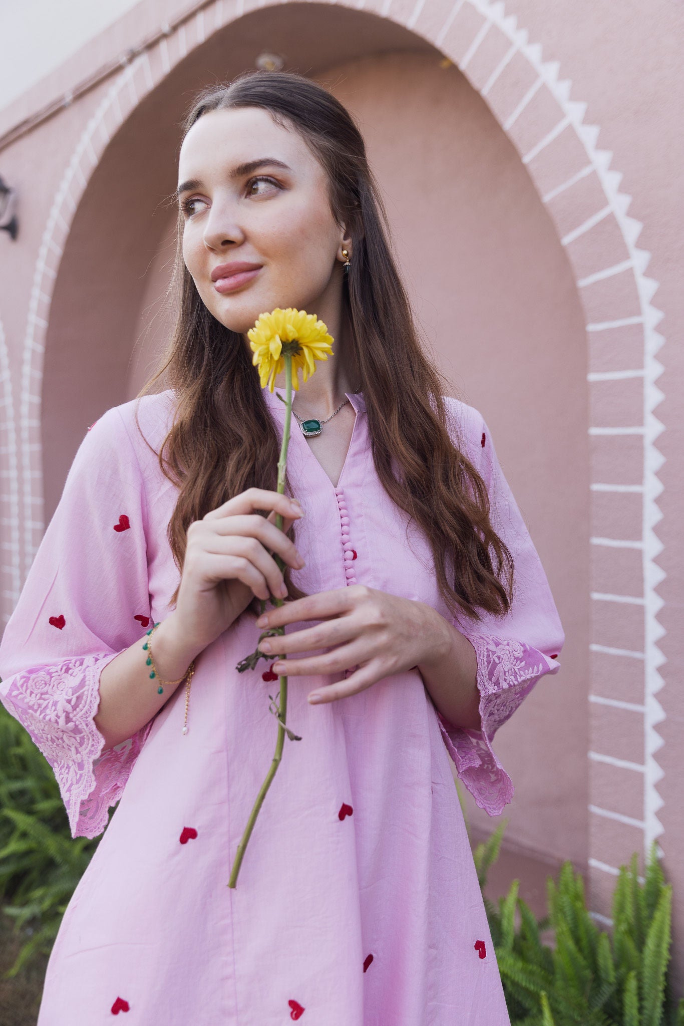 Light Pink Cottan Red Heart Embroidered Straight Set