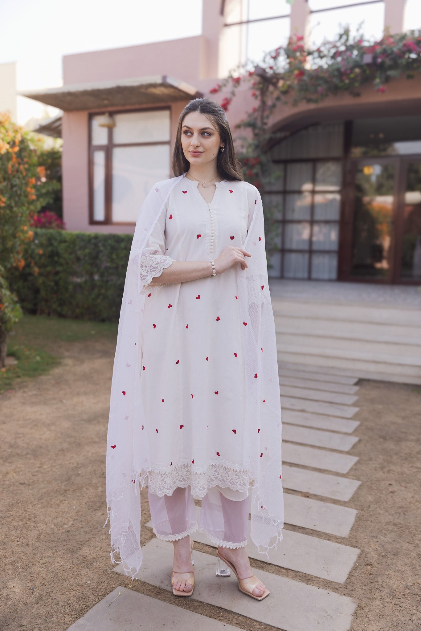 Off White Cottan Red Heart Embroidered Straight Set