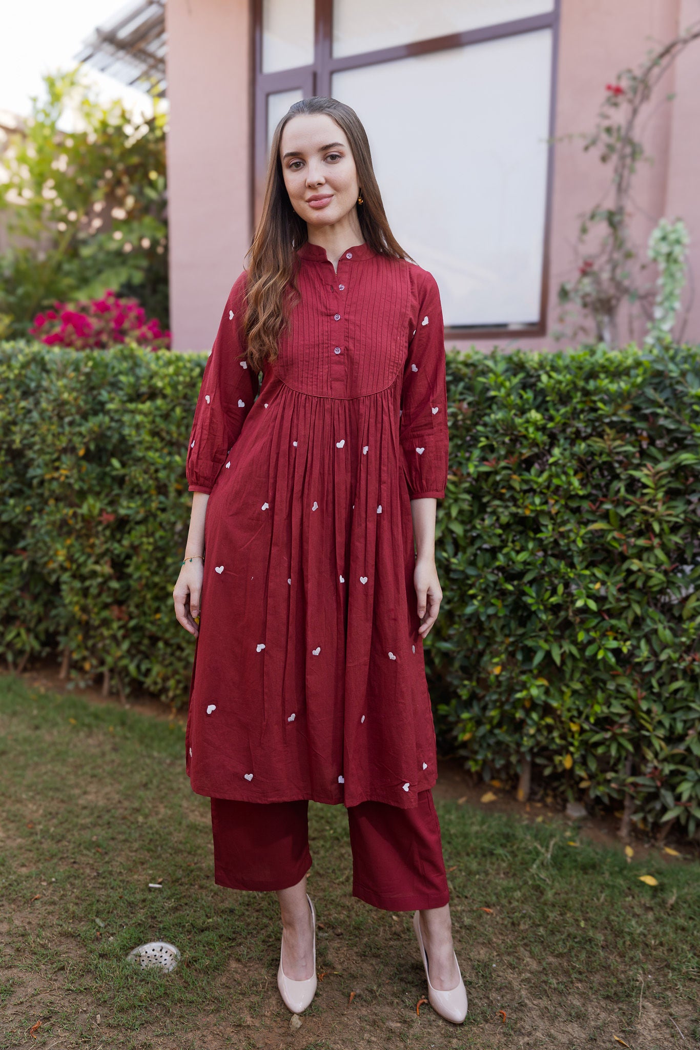 Maroon Cottan White heart Embroidered Straight Set