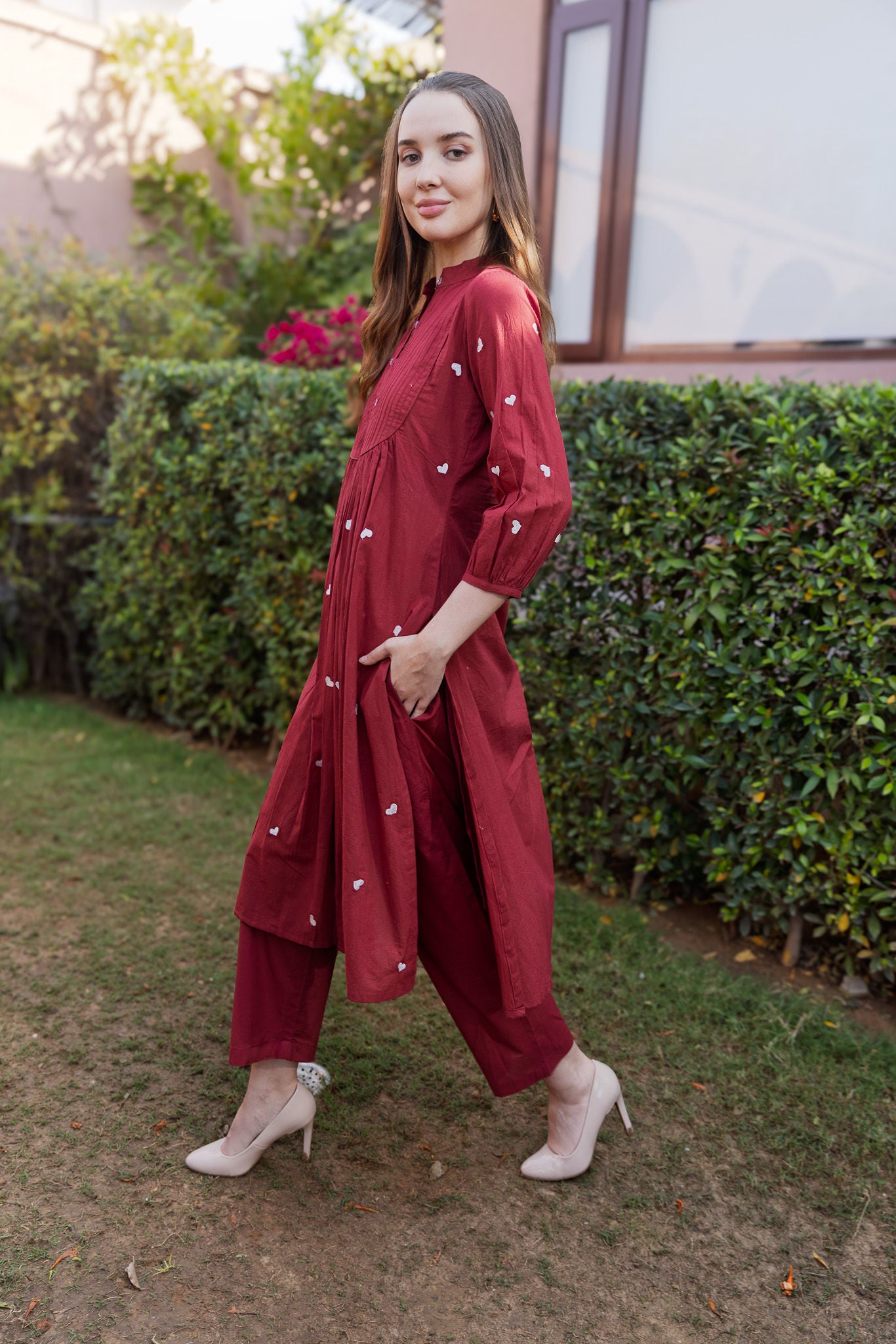 Maroon Cottan White heart Embroidered Straight Set