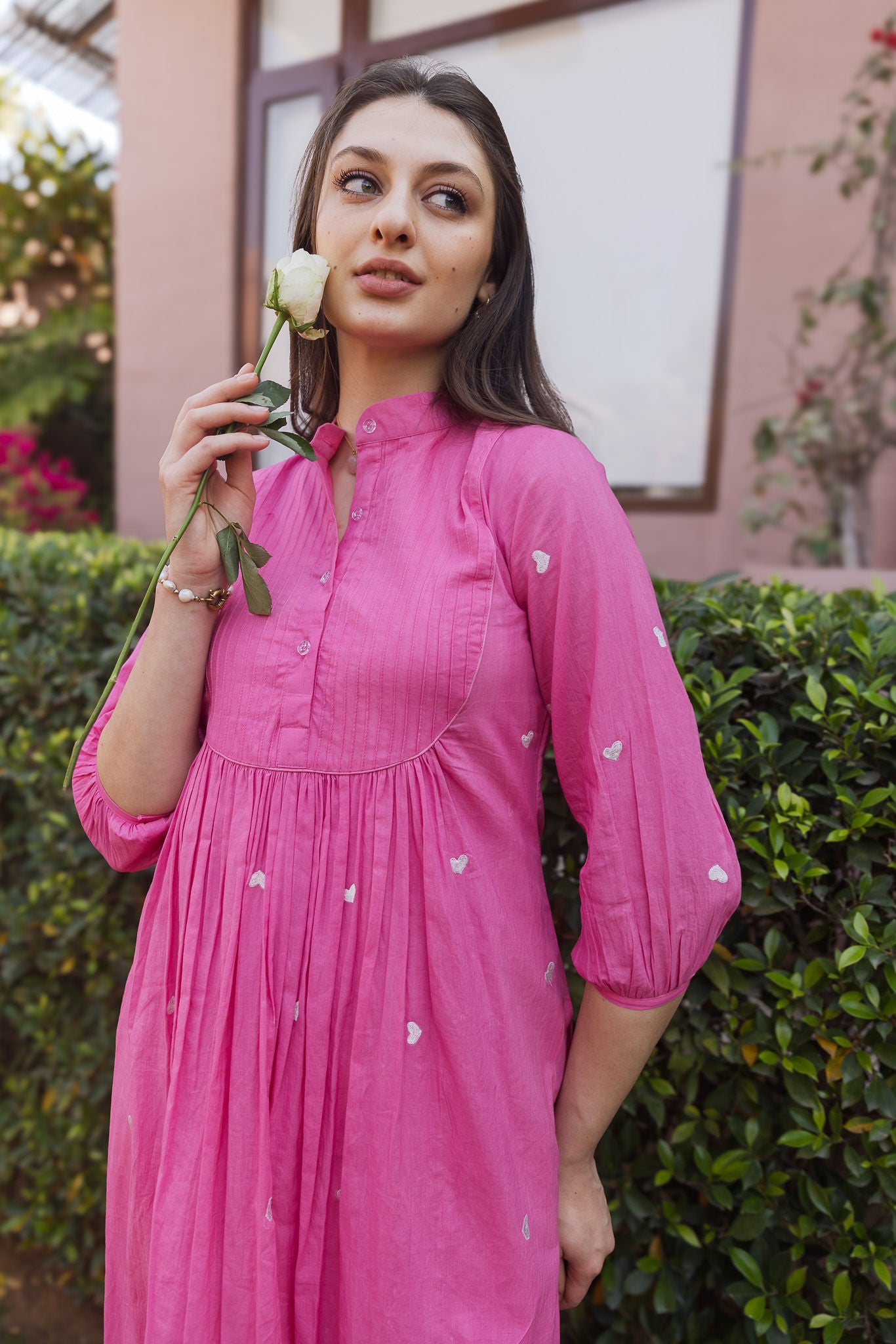 Fuscia Pink Cottan White heart Embroidered Straight Set